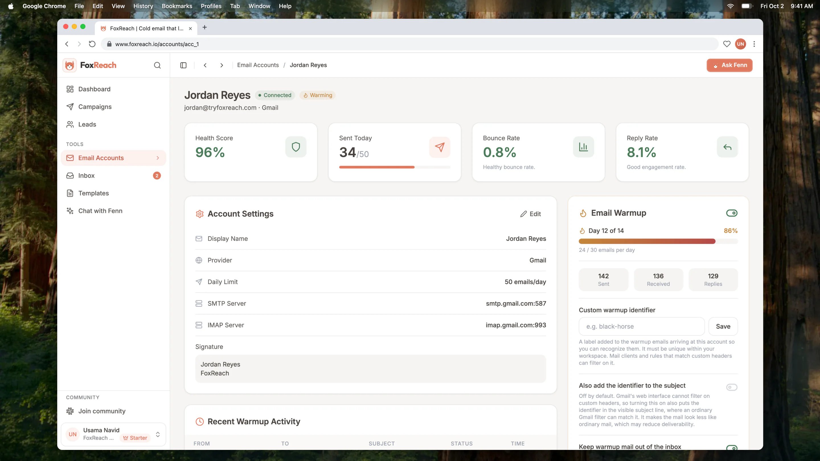 An account's detail page for Jordan Reyes, jordan@tryfoxreach.com, showing the daily limit, health score, signature and warmup settings