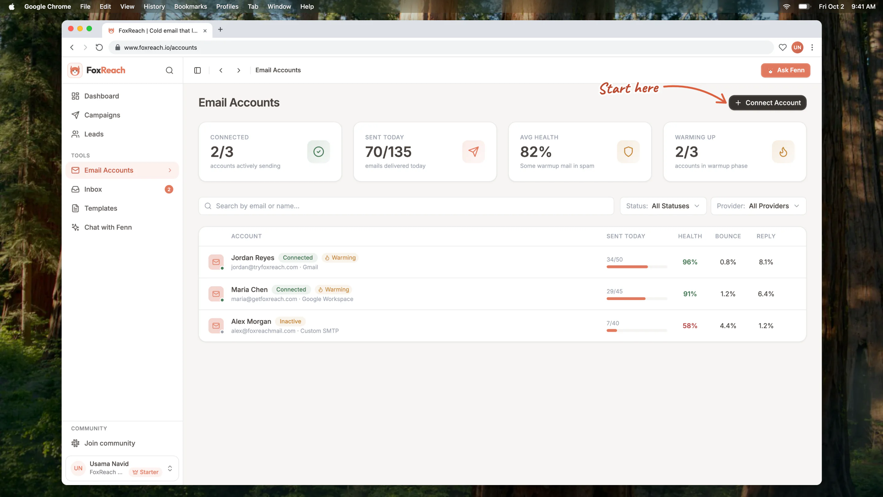 The Email Accounts page listing three connected inboxes with health scores, daily limits and sent-today counters