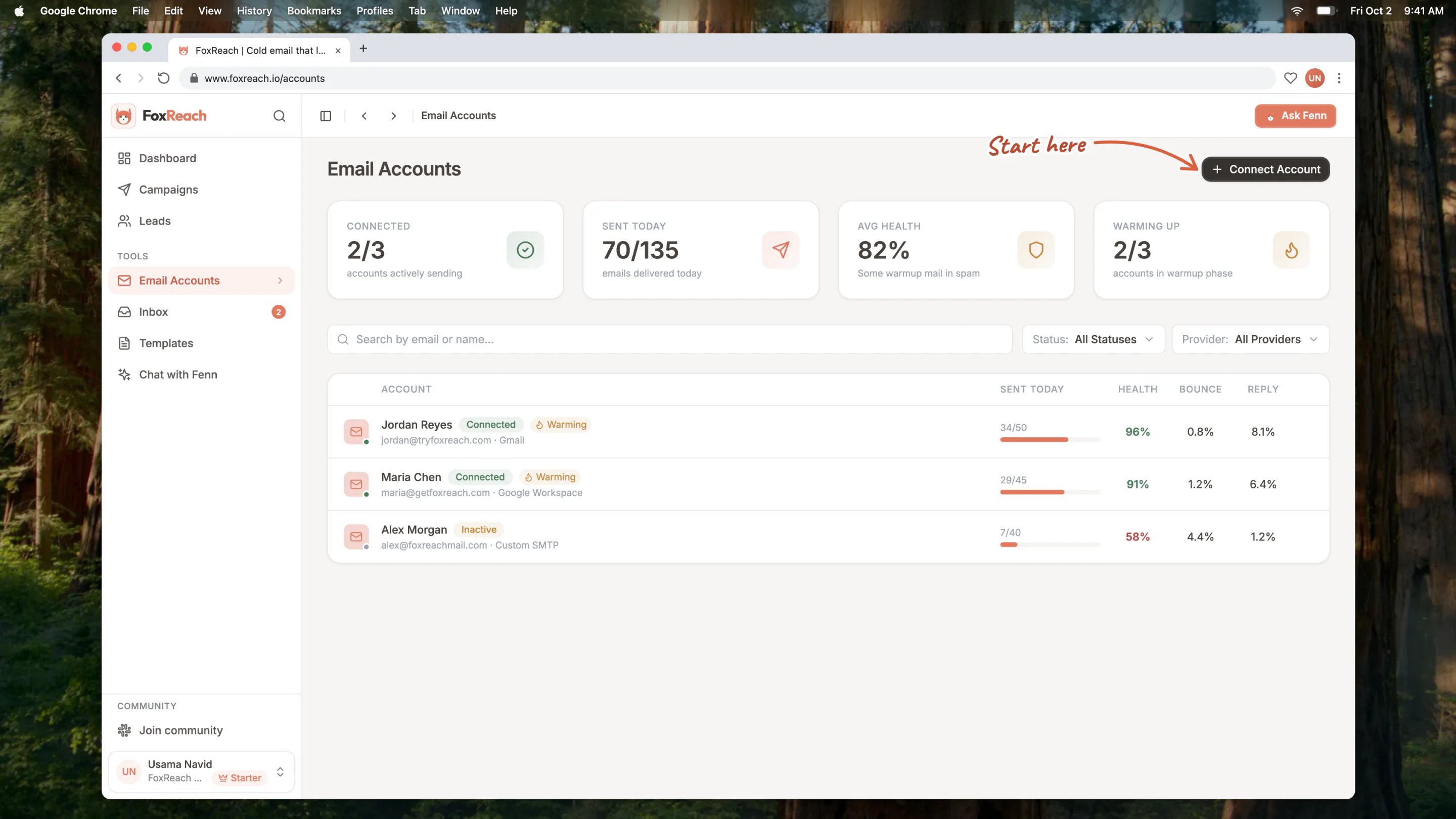 The Email Accounts page listing three connected inboxes with health scores, daily limits and sent-today counters