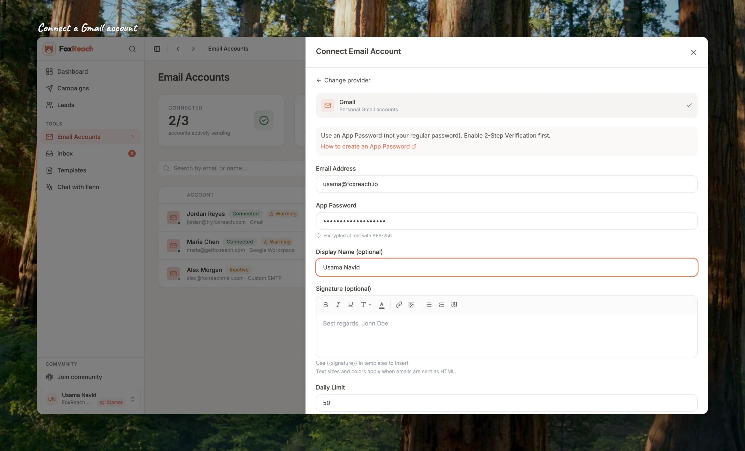 Close-up of the Connect Account dialog for a personal Gmail account with the email, app password and sender name filled in