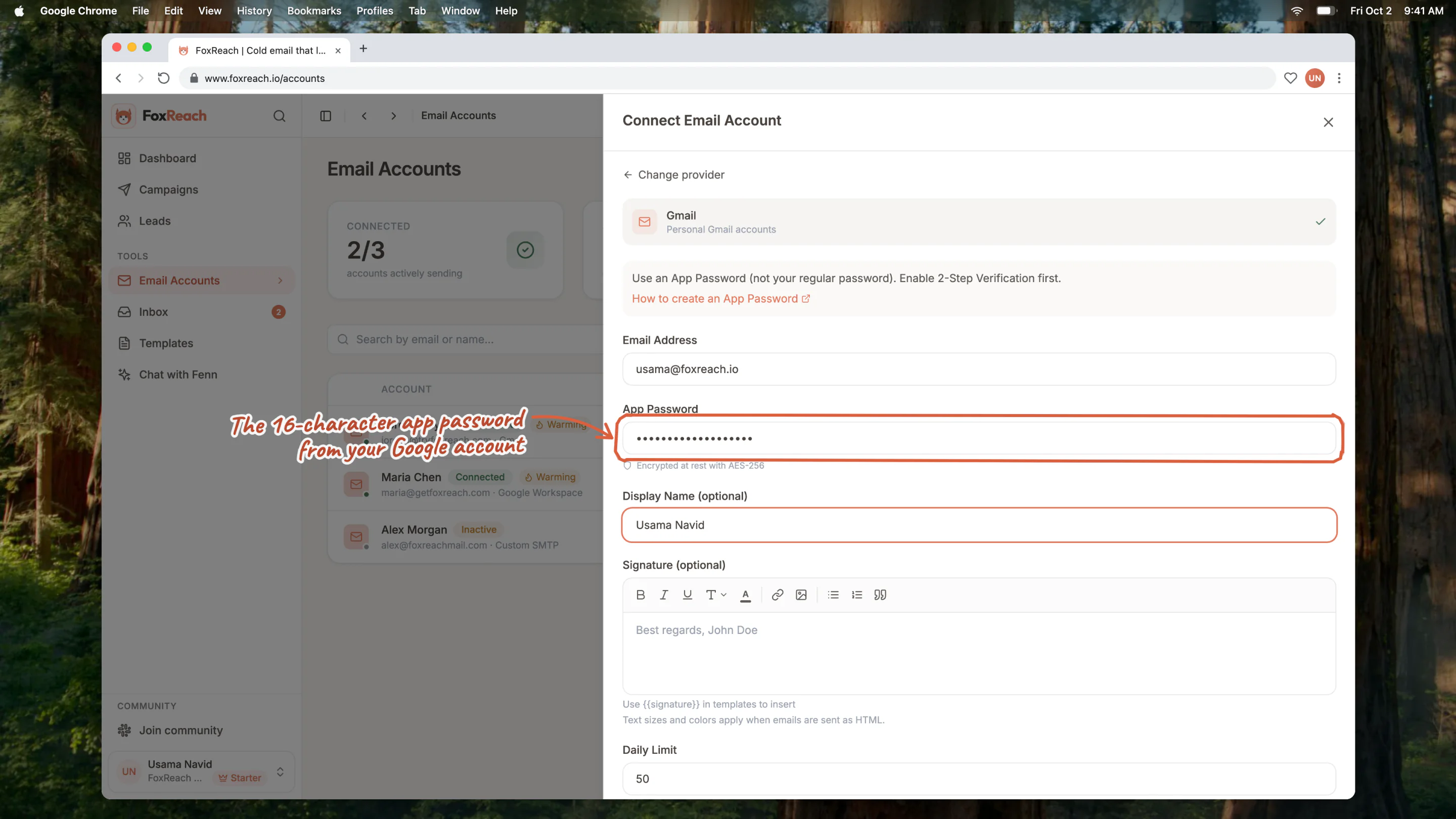 The Connect Email Account dialog with Gmail selected, showing the address, app password and display name fields and the Test Connection button