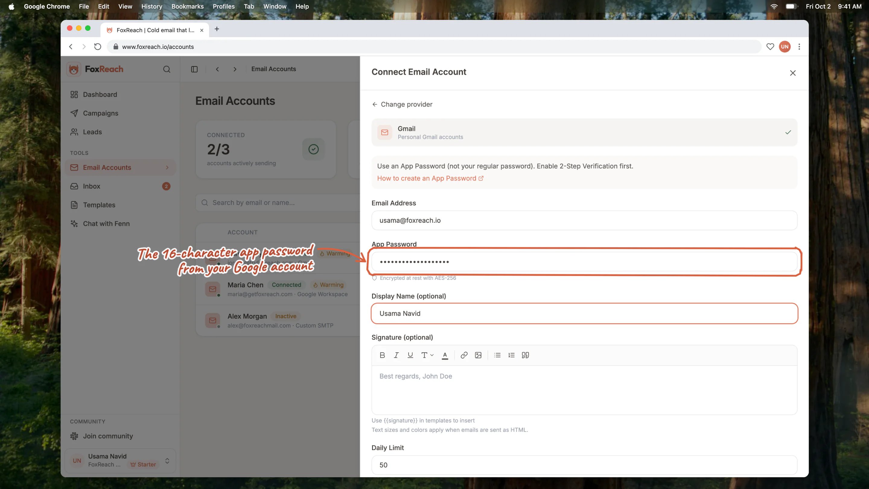 The Connect Email Account dialog with Gmail selected, showing the address, app password and display name fields and the Test Connection button