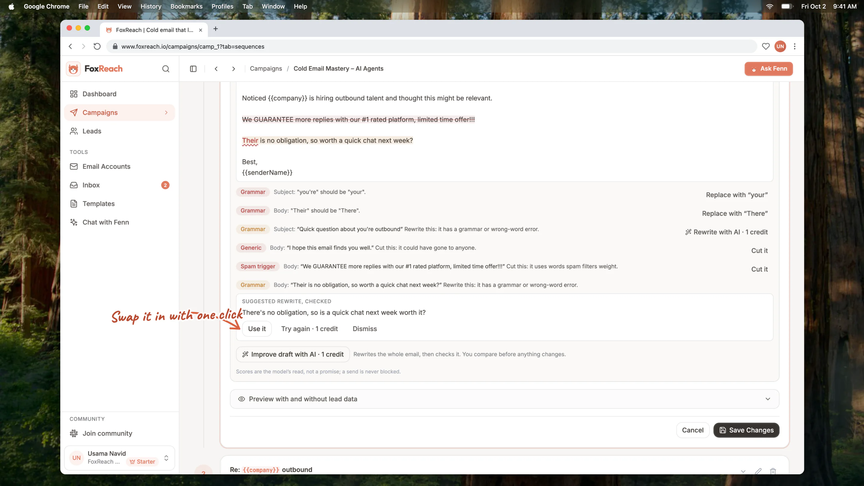 A checked rewrite suggestion under a flagged sentence in Copy check