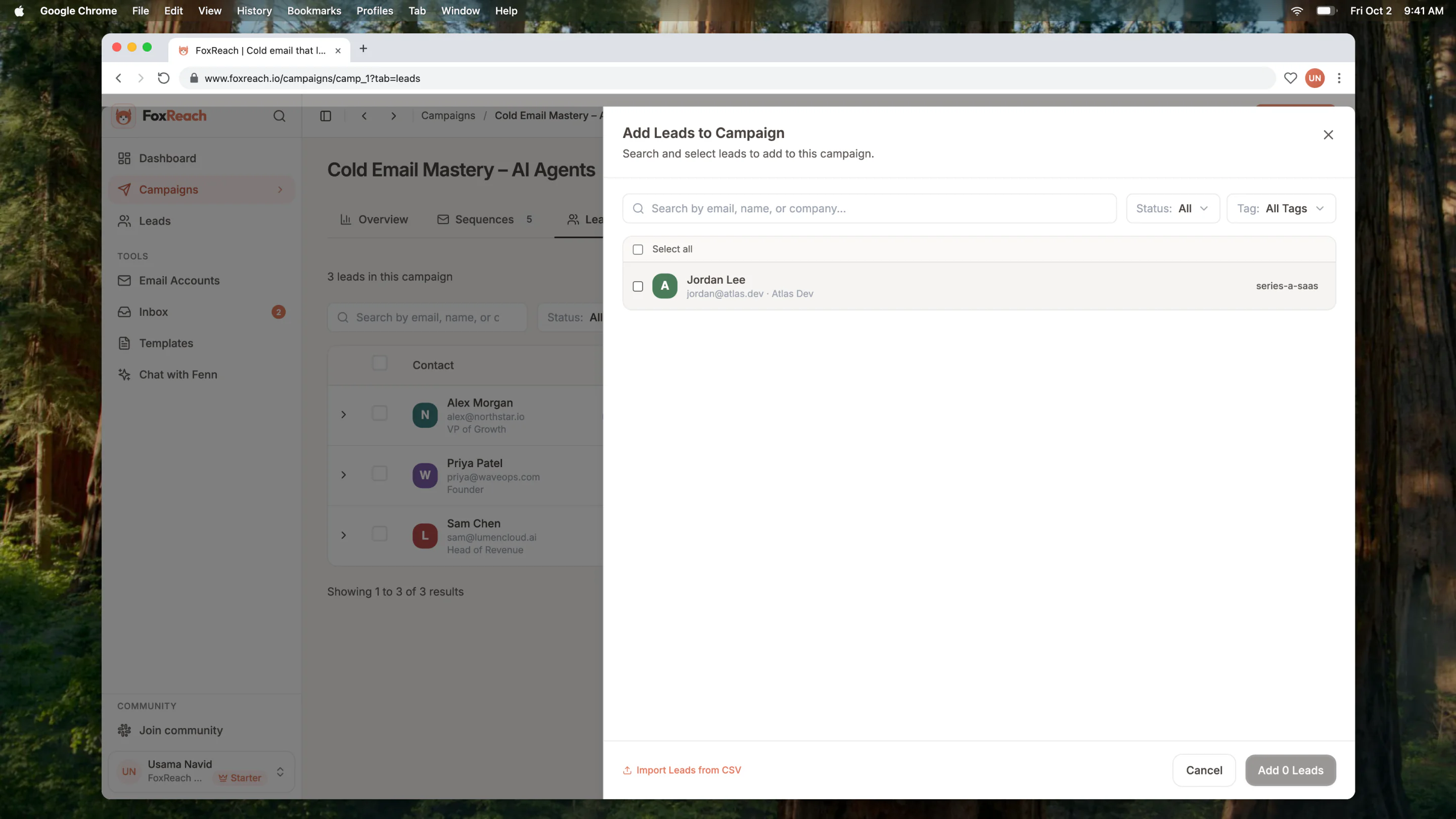 The Add Leads to Campaign panel with the search box, tag filter and the select all checkbox above the lead list