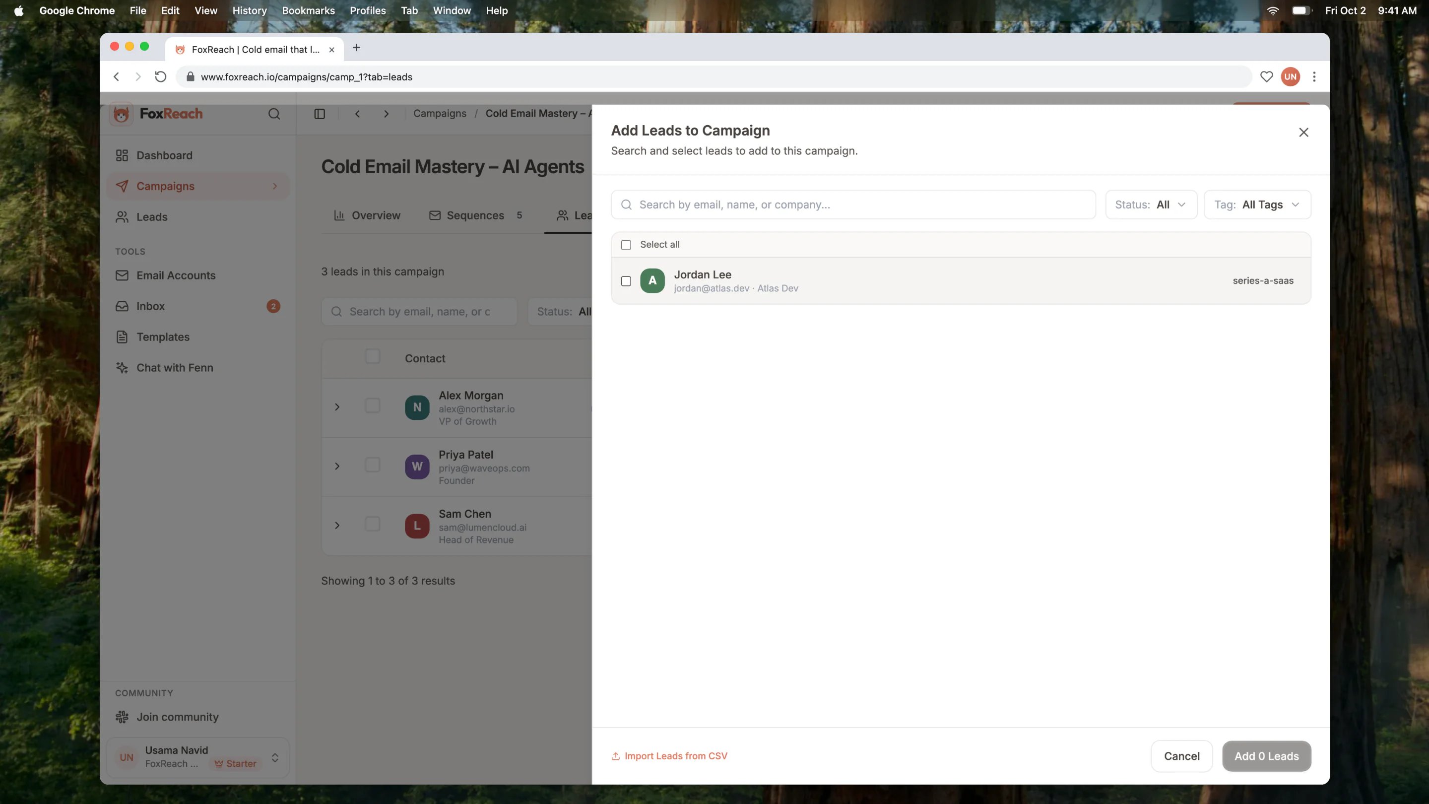 The Add Leads to Campaign panel with the search box, tag filter and the select all checkbox above the lead list