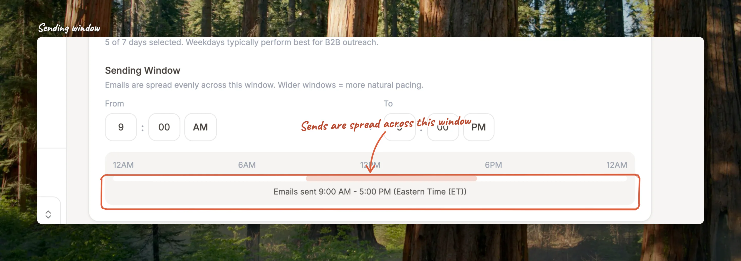 Close-up of the Sending Window controls: the From and To times and the bar showing when sends go out