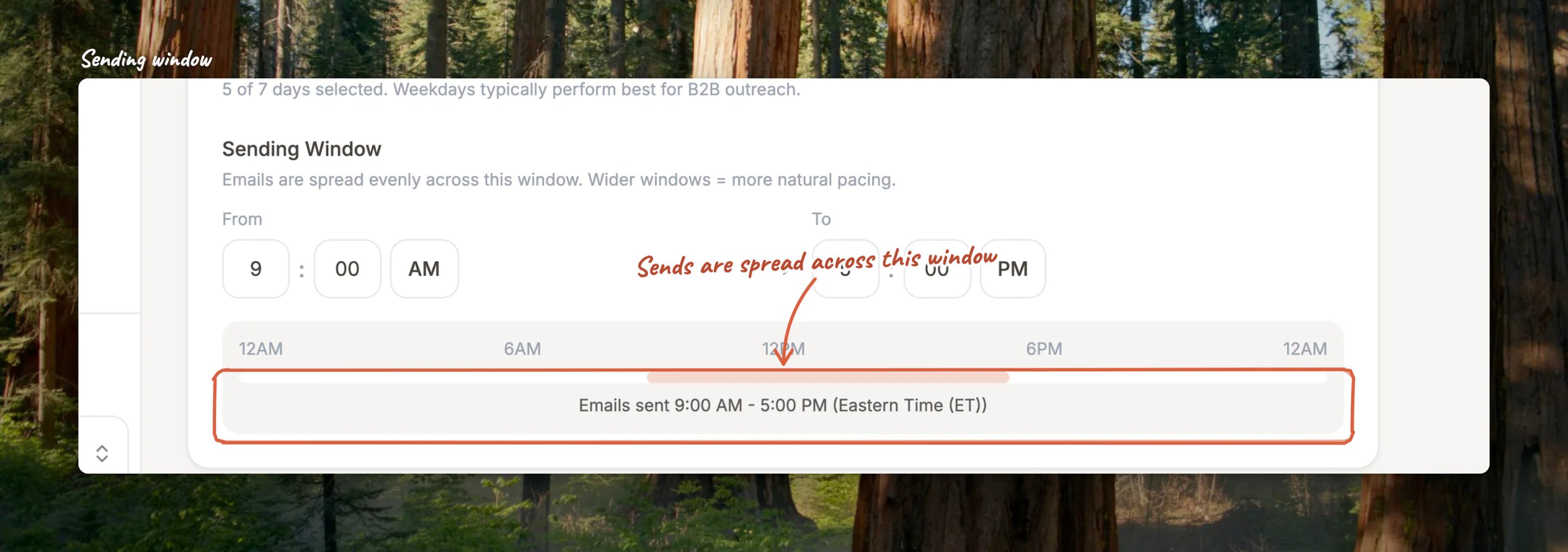 Close-up of the Sending Window controls: the From and To times and the bar showing when sends go out