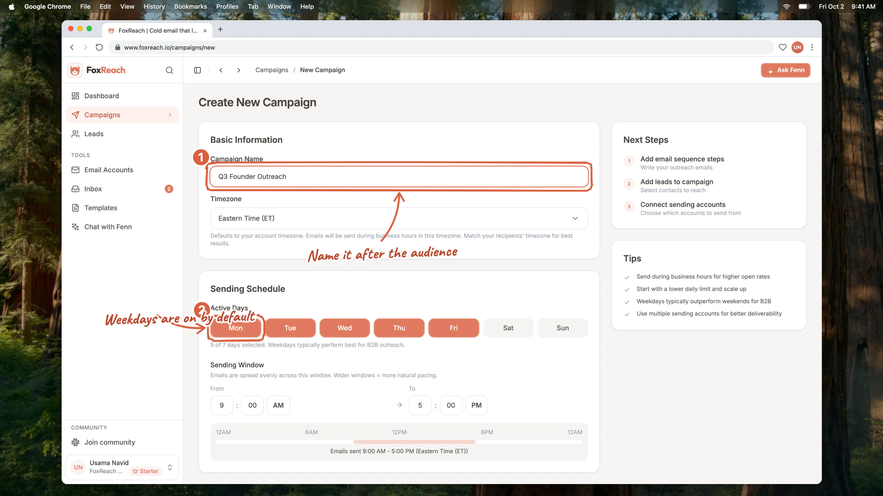 The Create New Campaign form in FoxReach with the campaign name, timezone, active days, sending window, sending accounts and daily send limit