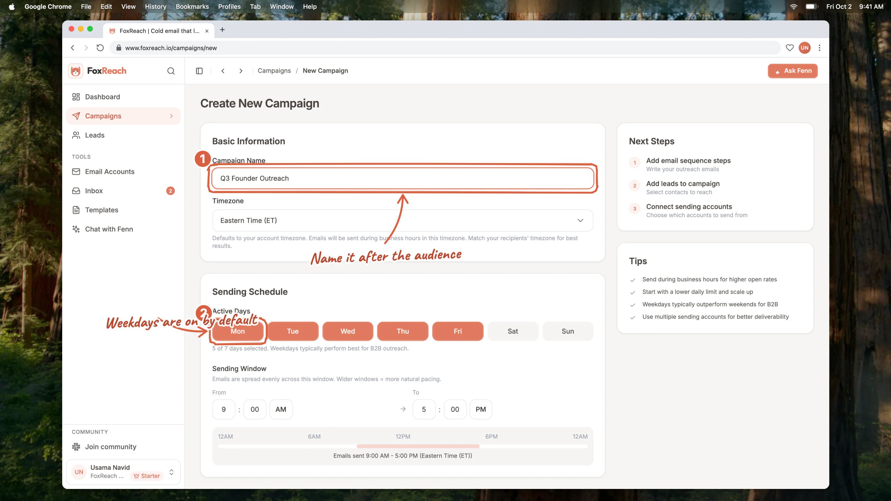 The Create New Campaign form in FoxReach with the campaign name, timezone, active days, sending window, sending accounts and daily send limit