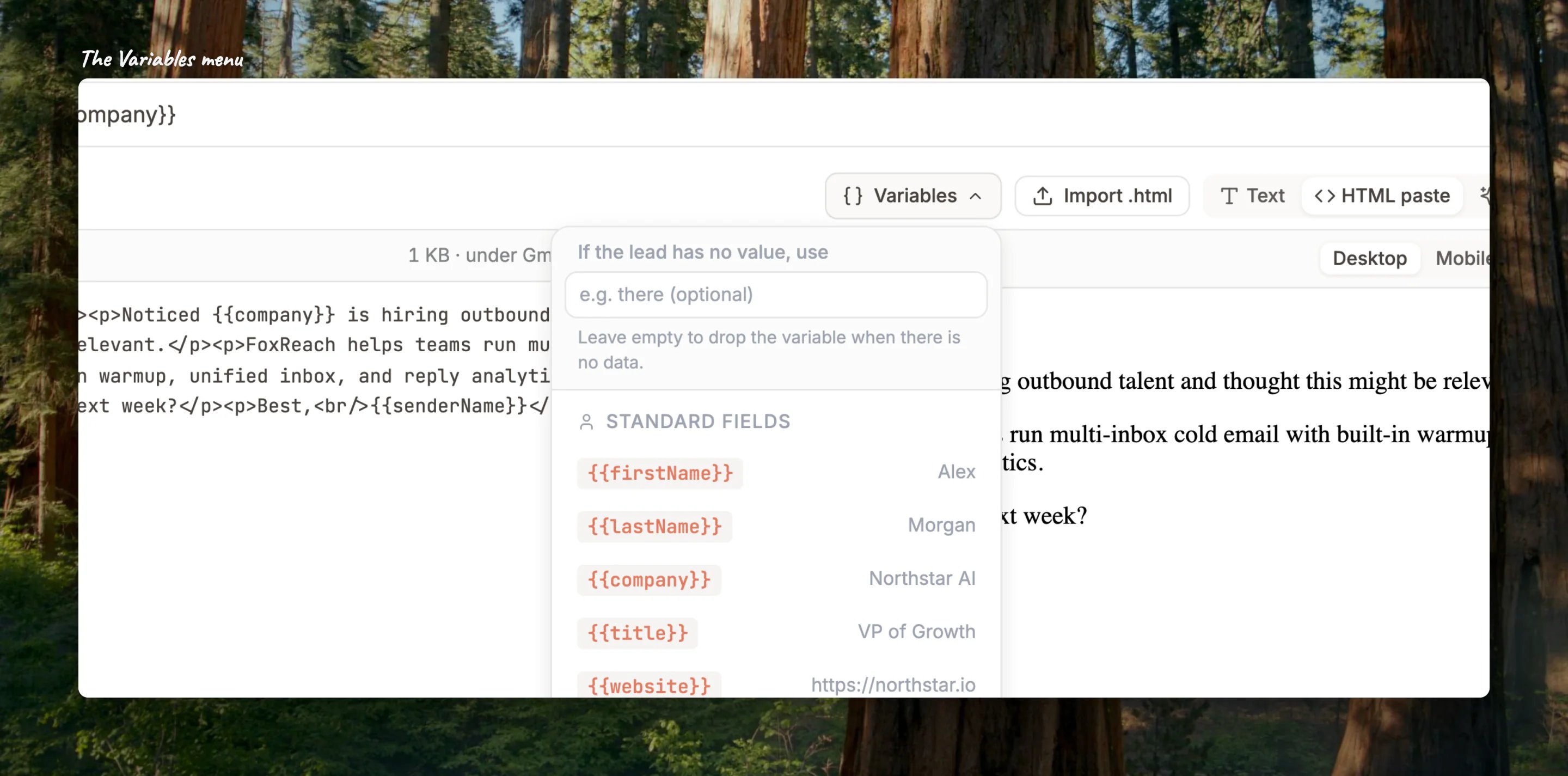 Close-up of the Variables menu listing the standard, custom and account fields you can insert