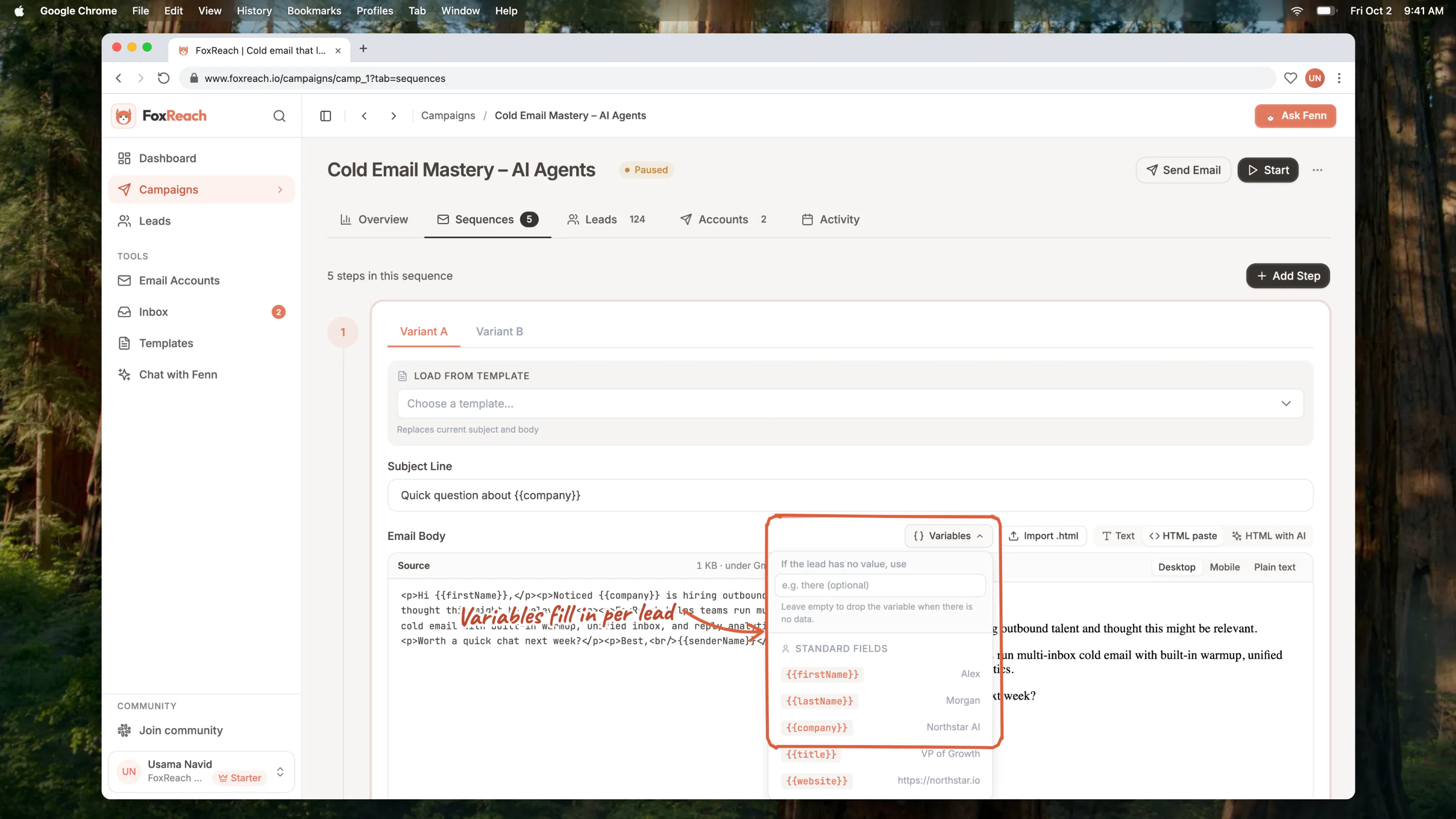 The sequence step editor with the Variables menu open above the subject line, listing standard, custom and account fields