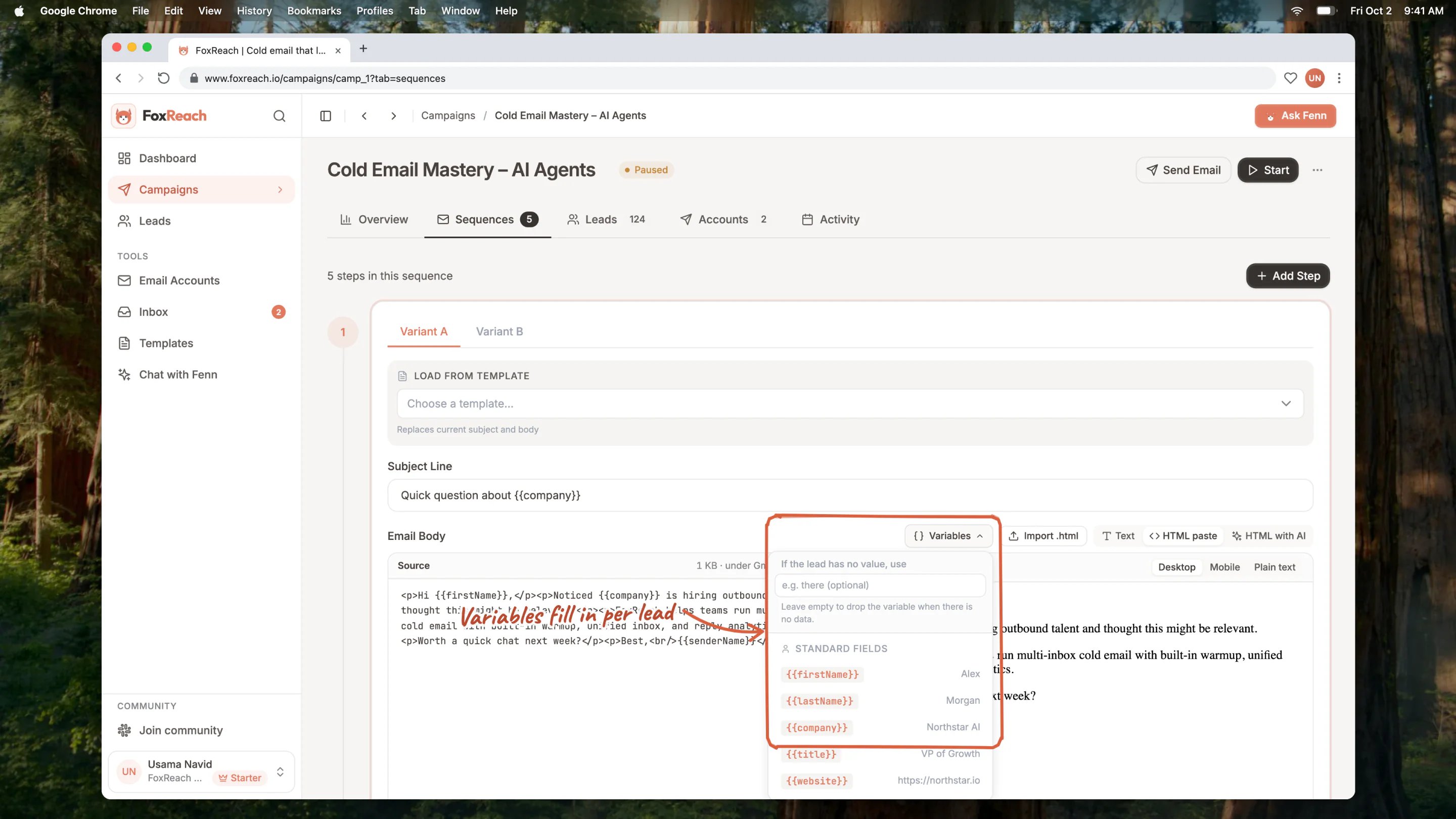 The sequence step editor with the Variables menu open above the subject line, listing standard, custom and account fields