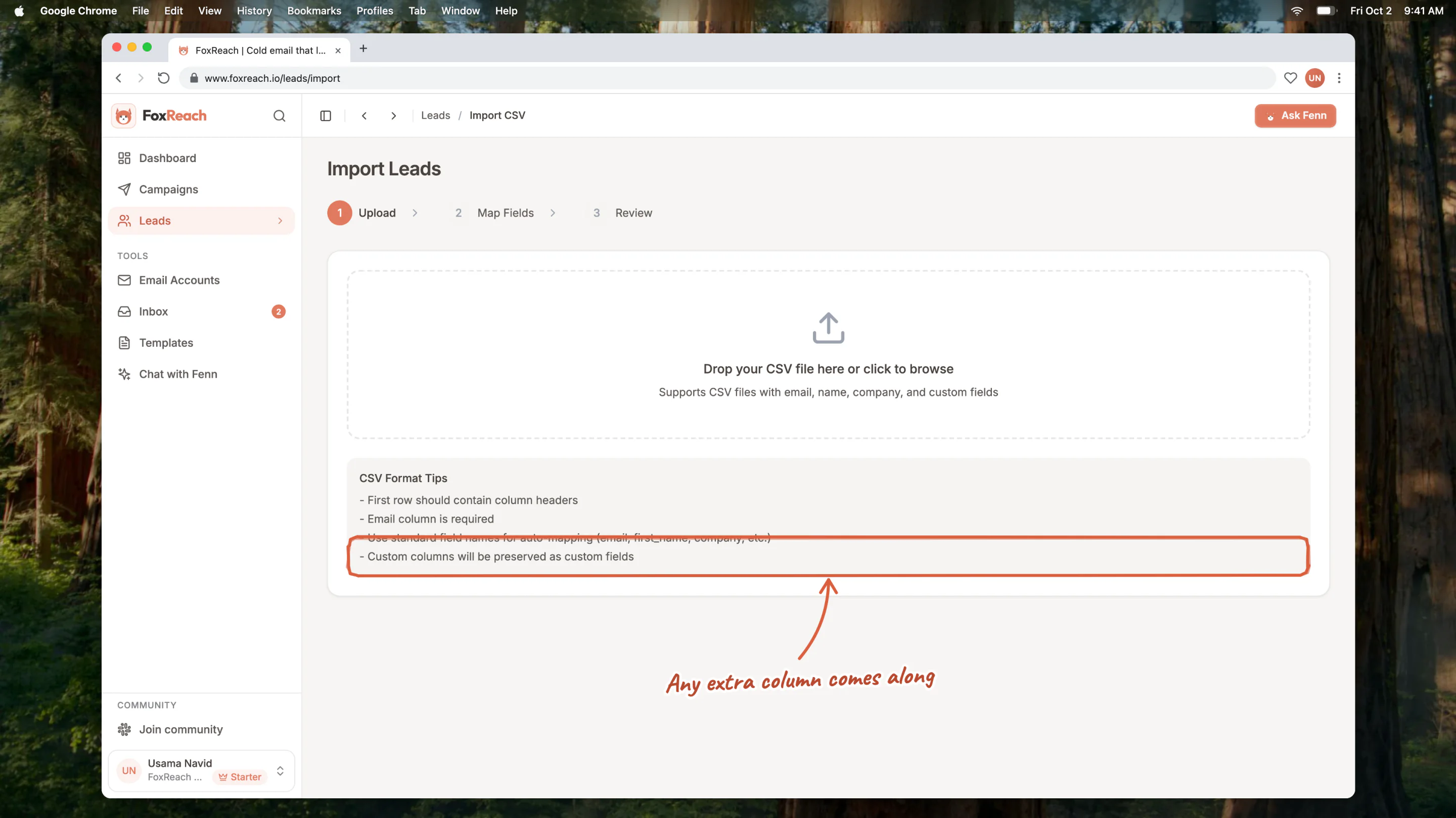 The upload step of Import Leads, with the CSV format tips: the last one says custom columns are preserved as custom fields