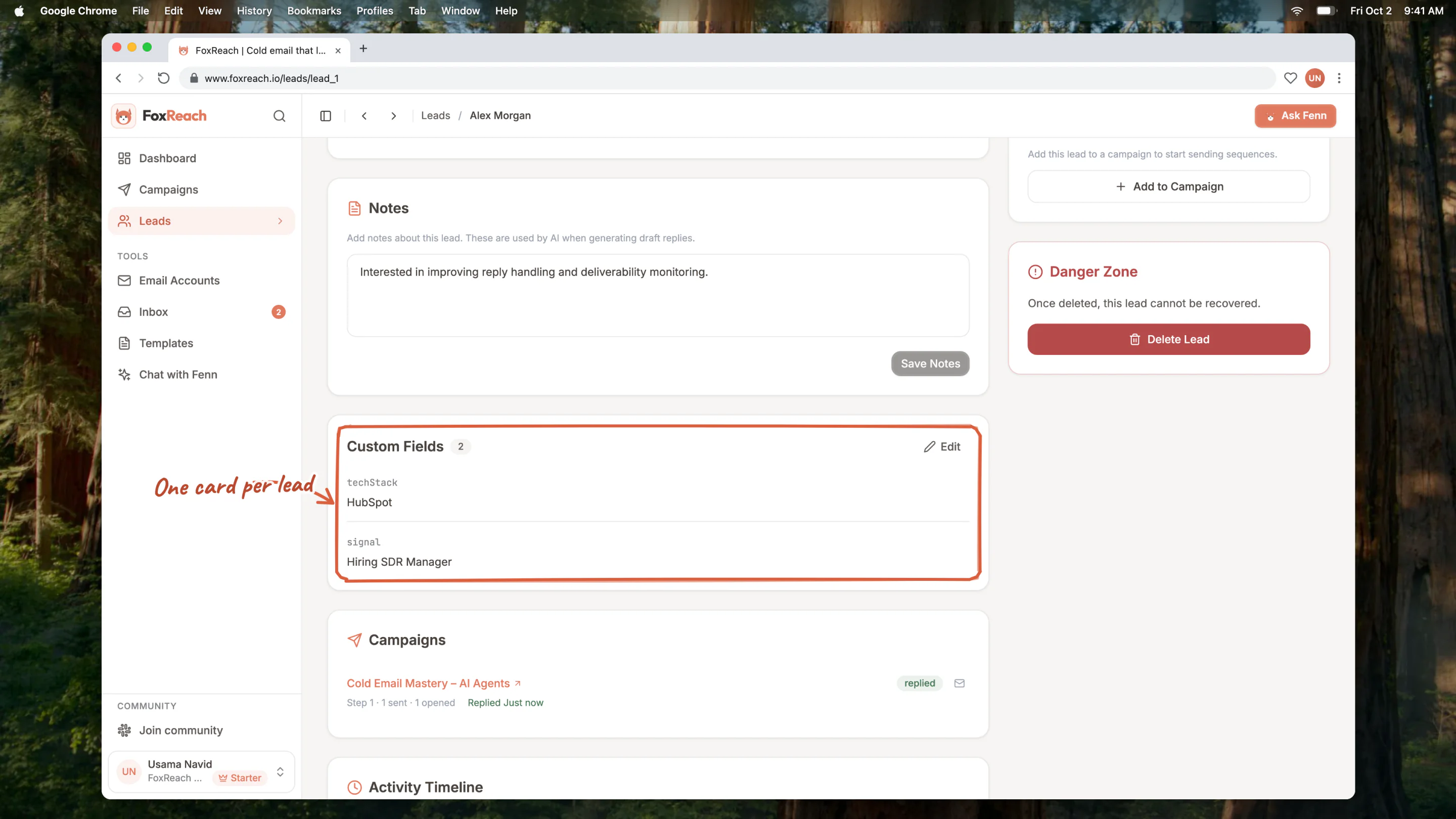 A lead page with the Custom Fields card showing two fields, techStack and signal, that arrived with the import