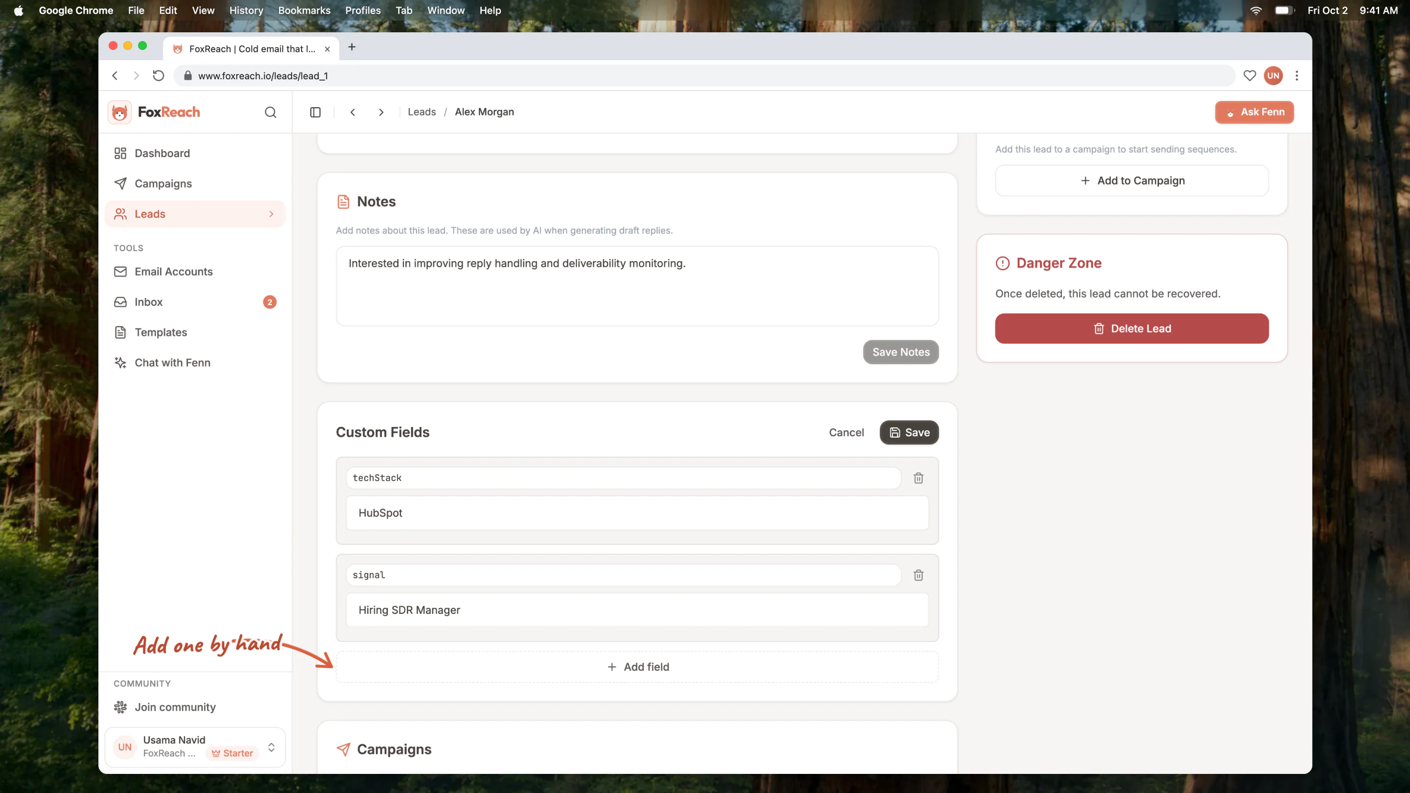 The Custom Fields card in edit mode, with the existing fields editable and the Add field button below them
