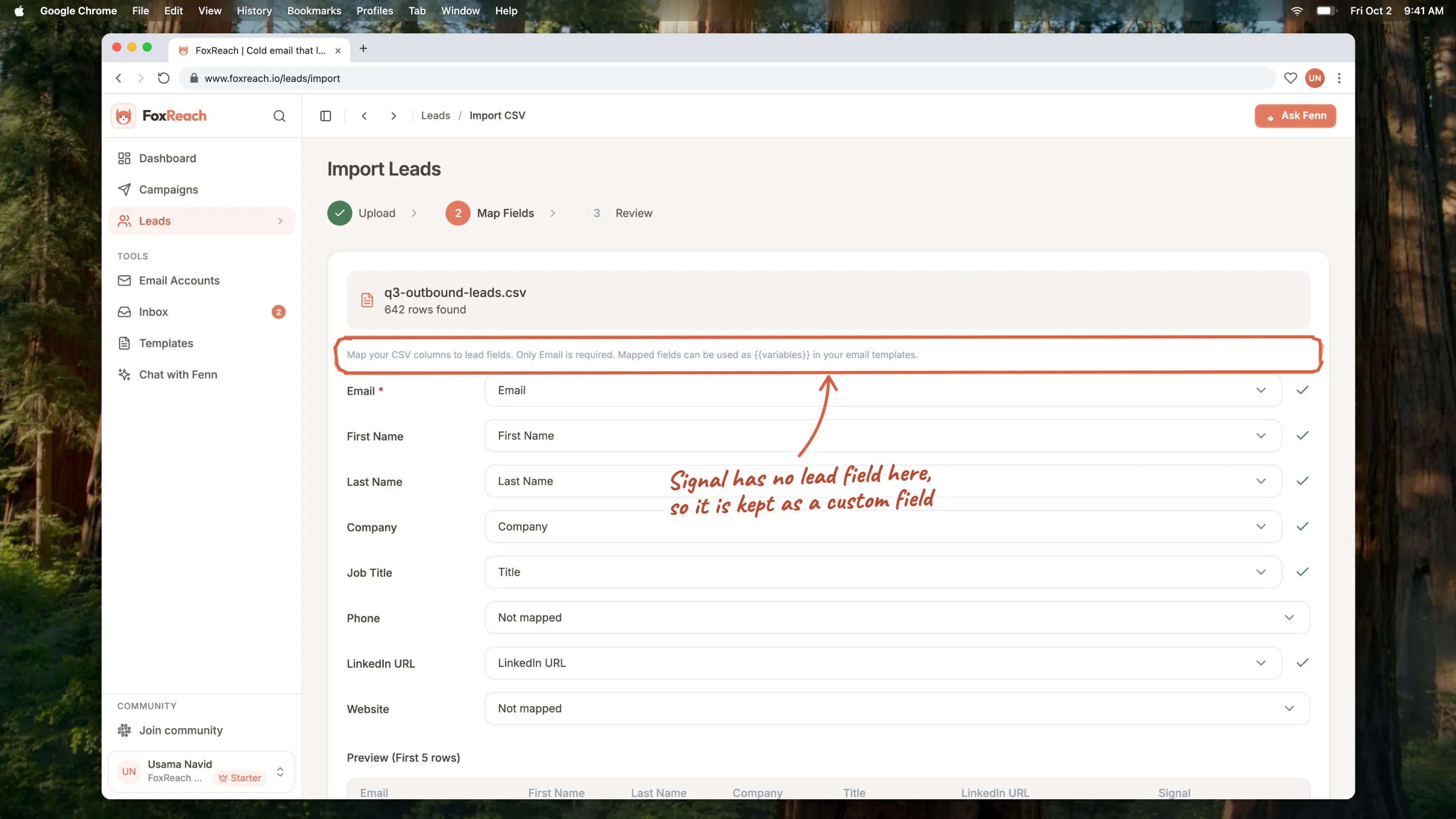 The Map Fields step after uploading a CSV with a Signal column: the standard lead fields each get a column, and Signal, which matches none of them, is kept as a custom field
