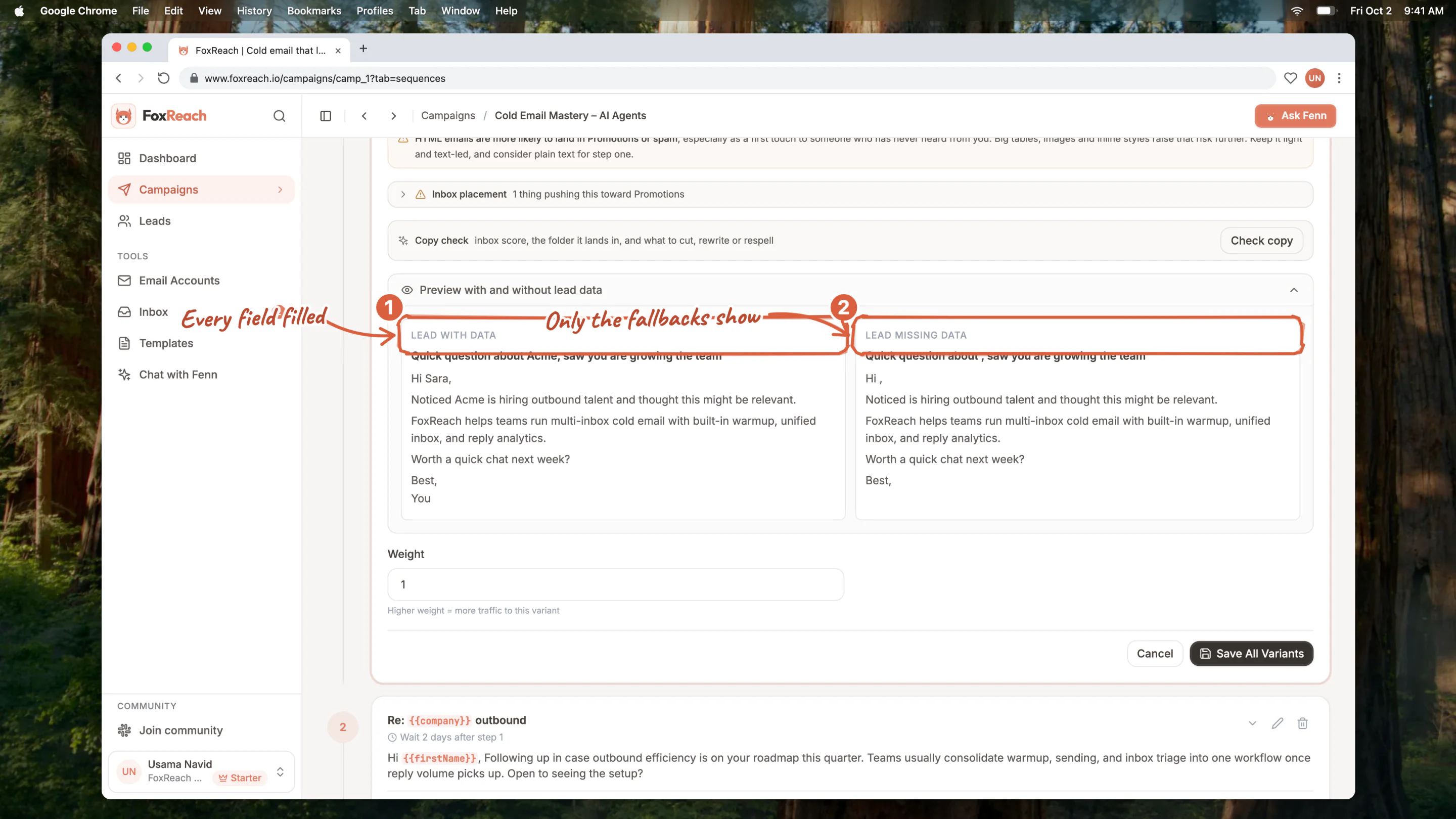 The preview under a step editor open to both versions: Lead with data on the left and Lead missing data on the right, where the company variable without a fallback leaves a gap