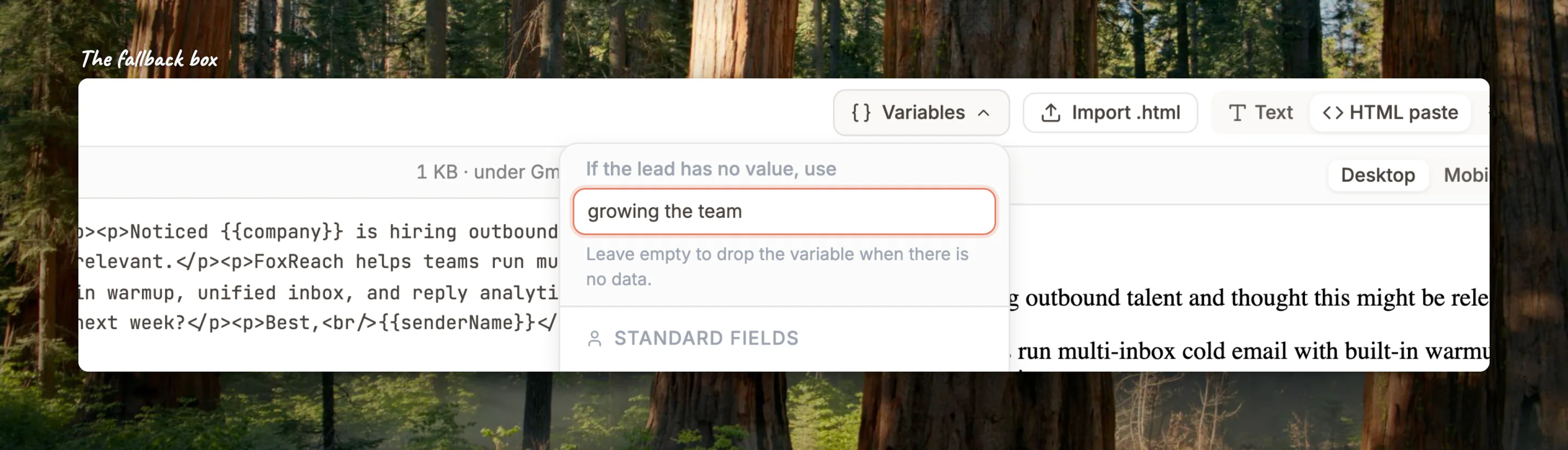 Close-up of the fallback box at the top of the Variables menu