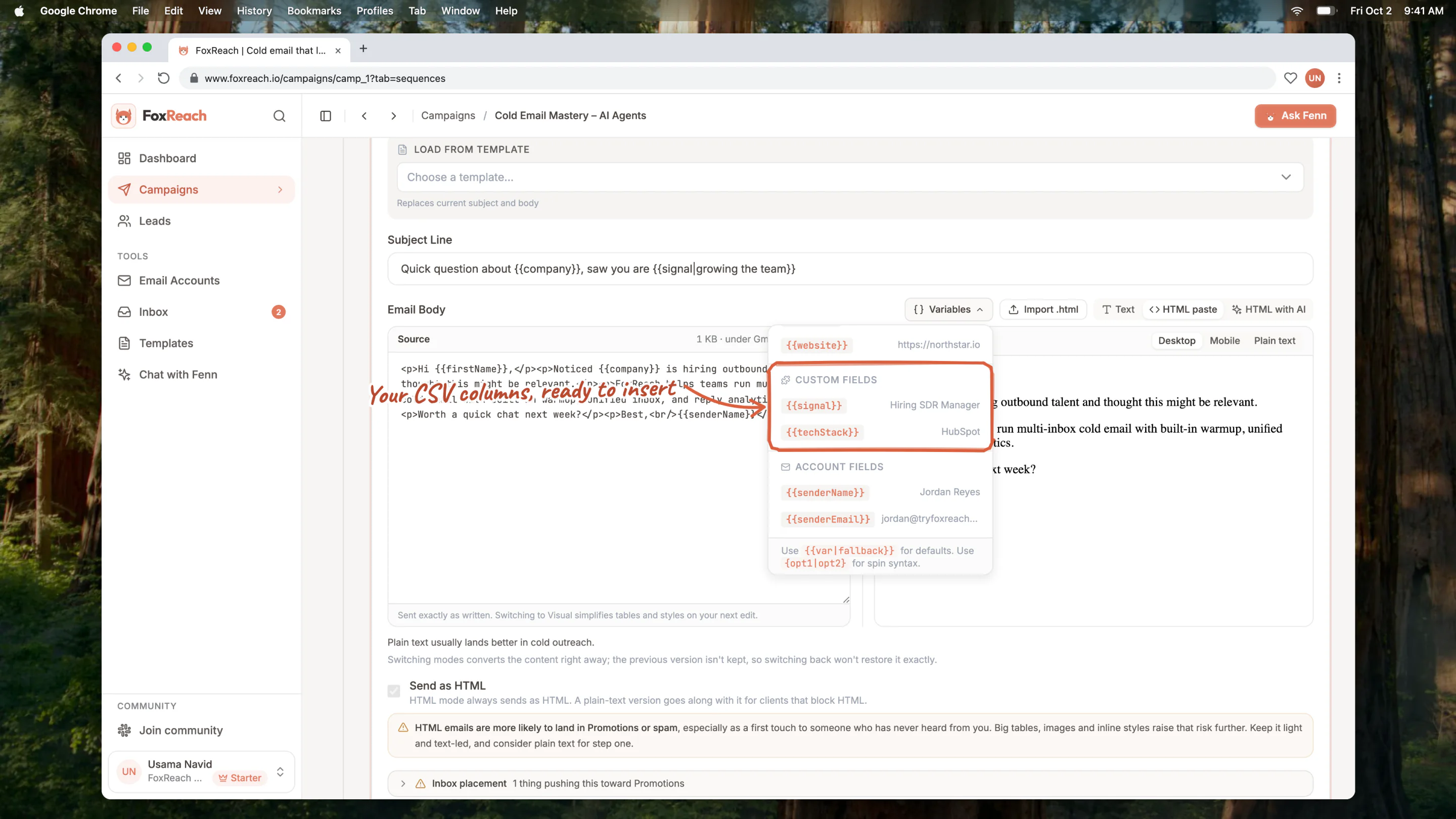 The step editor with the Variables menu open and scrolled to its Custom Fields section, listing signal and techStack with a sample value for each