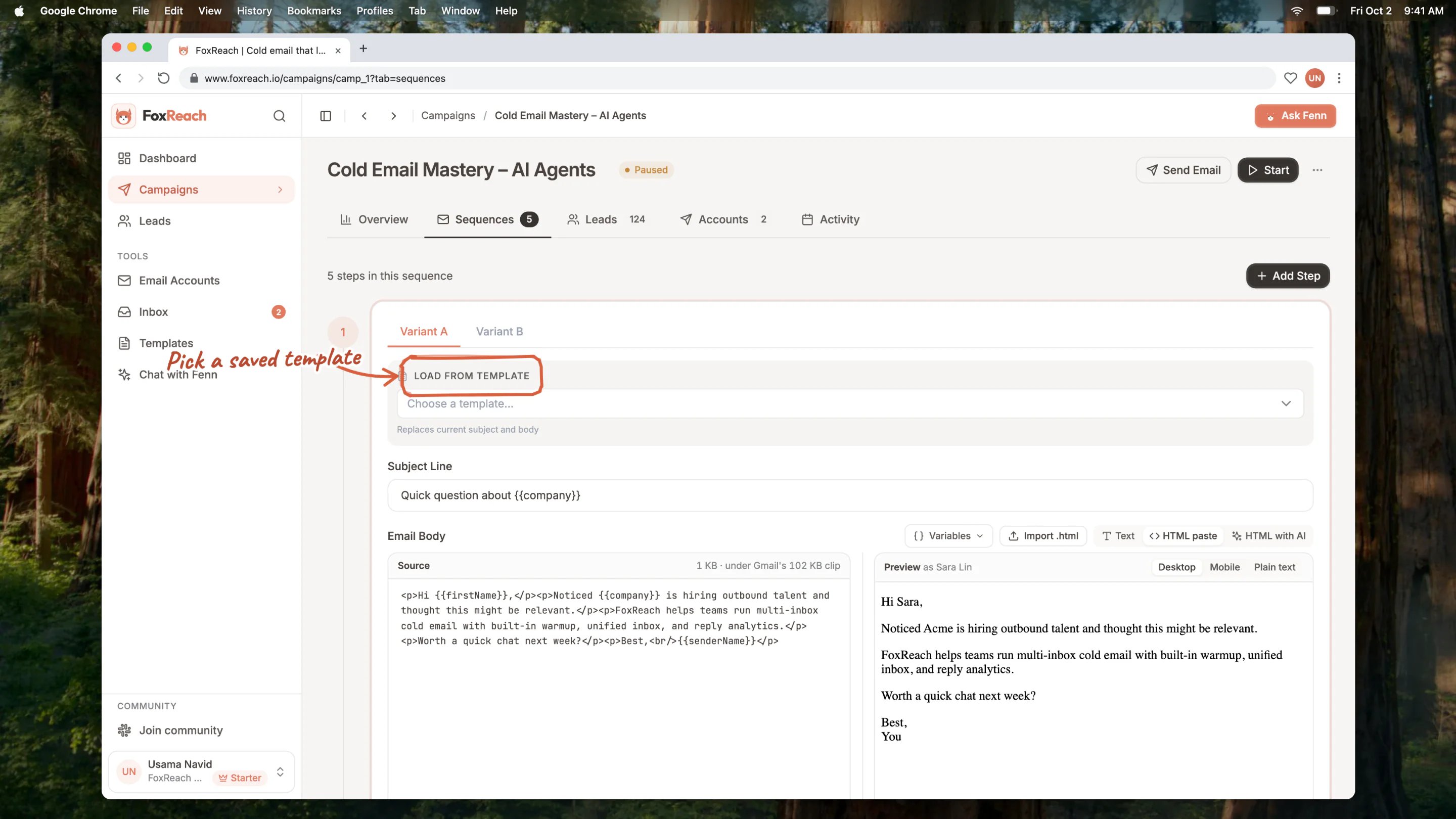 A FoxReach campaign sequence step with the Load from Template dropdown open listing the workspace's email templates
