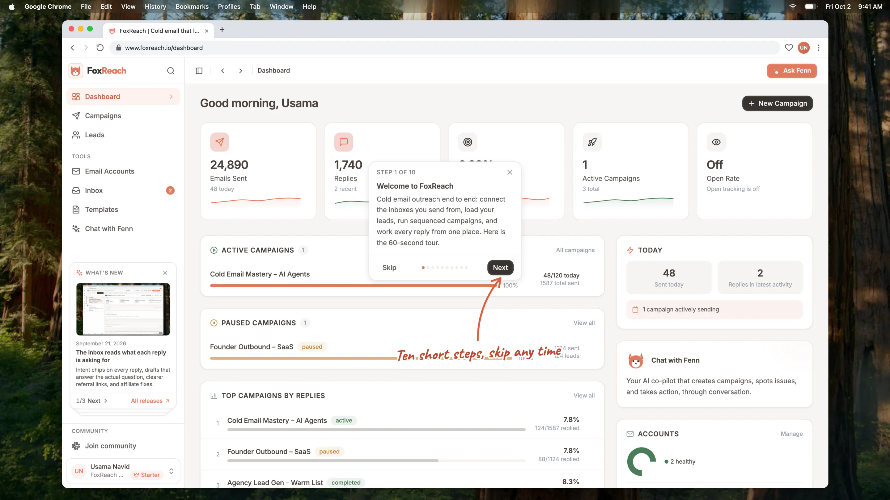 The first step of the product tour on the Dashboard, with Skip, the step dots and Next
