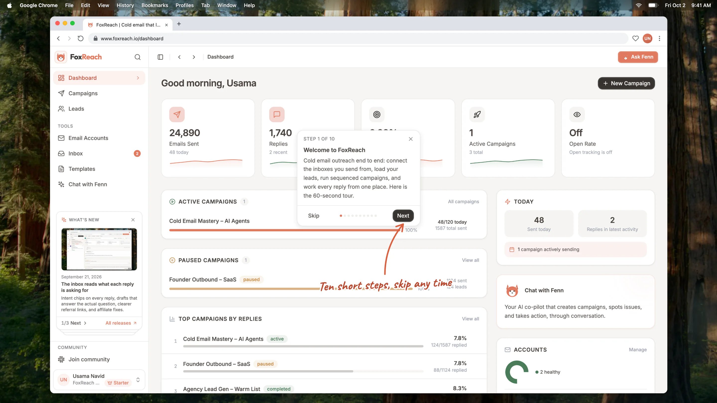The first step of the product tour on the Dashboard, with Skip, the step dots and Next