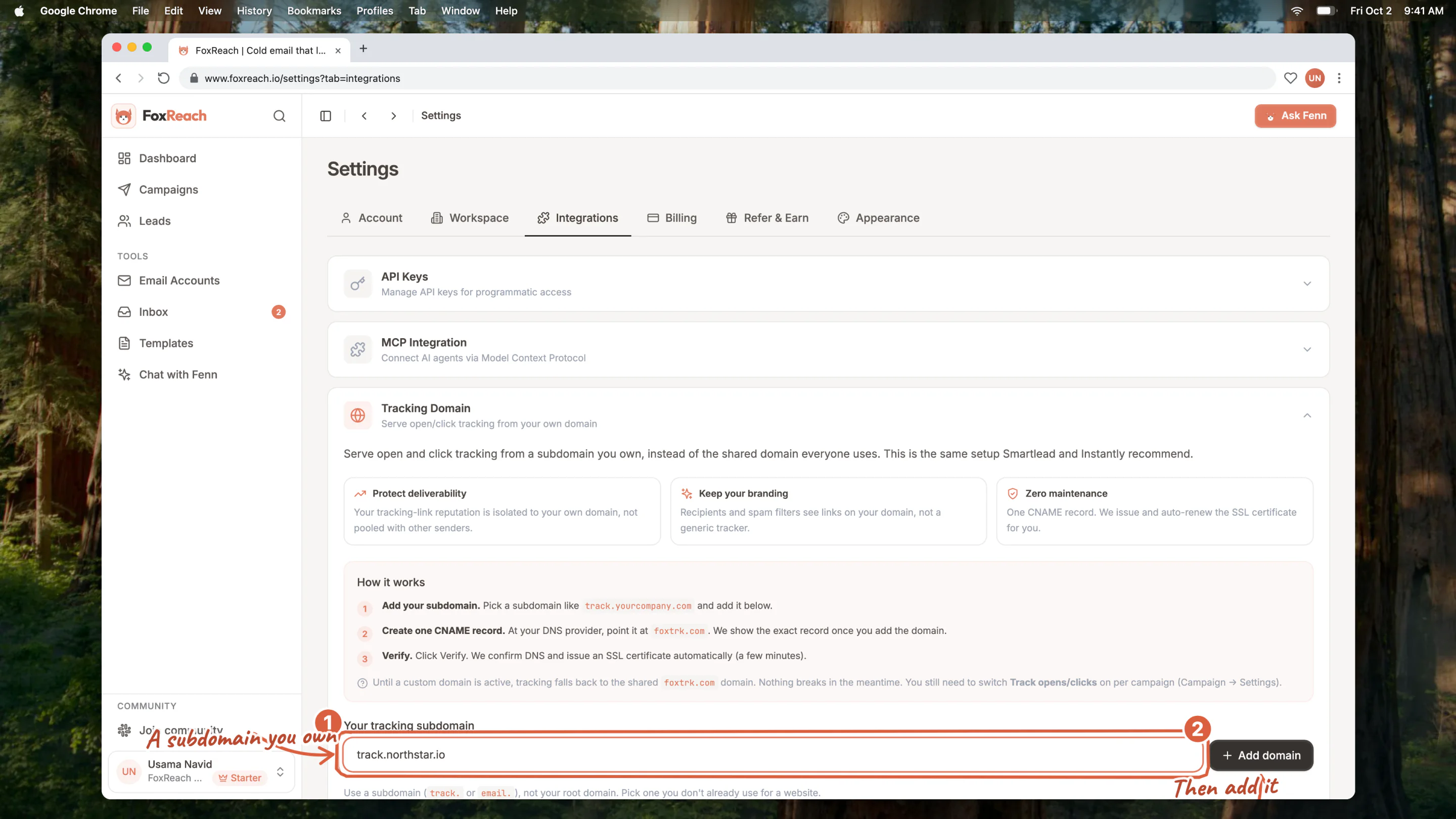 The Tracking Domain section under Settings > Integrations with a subdomain typed into the box and the Add domain button