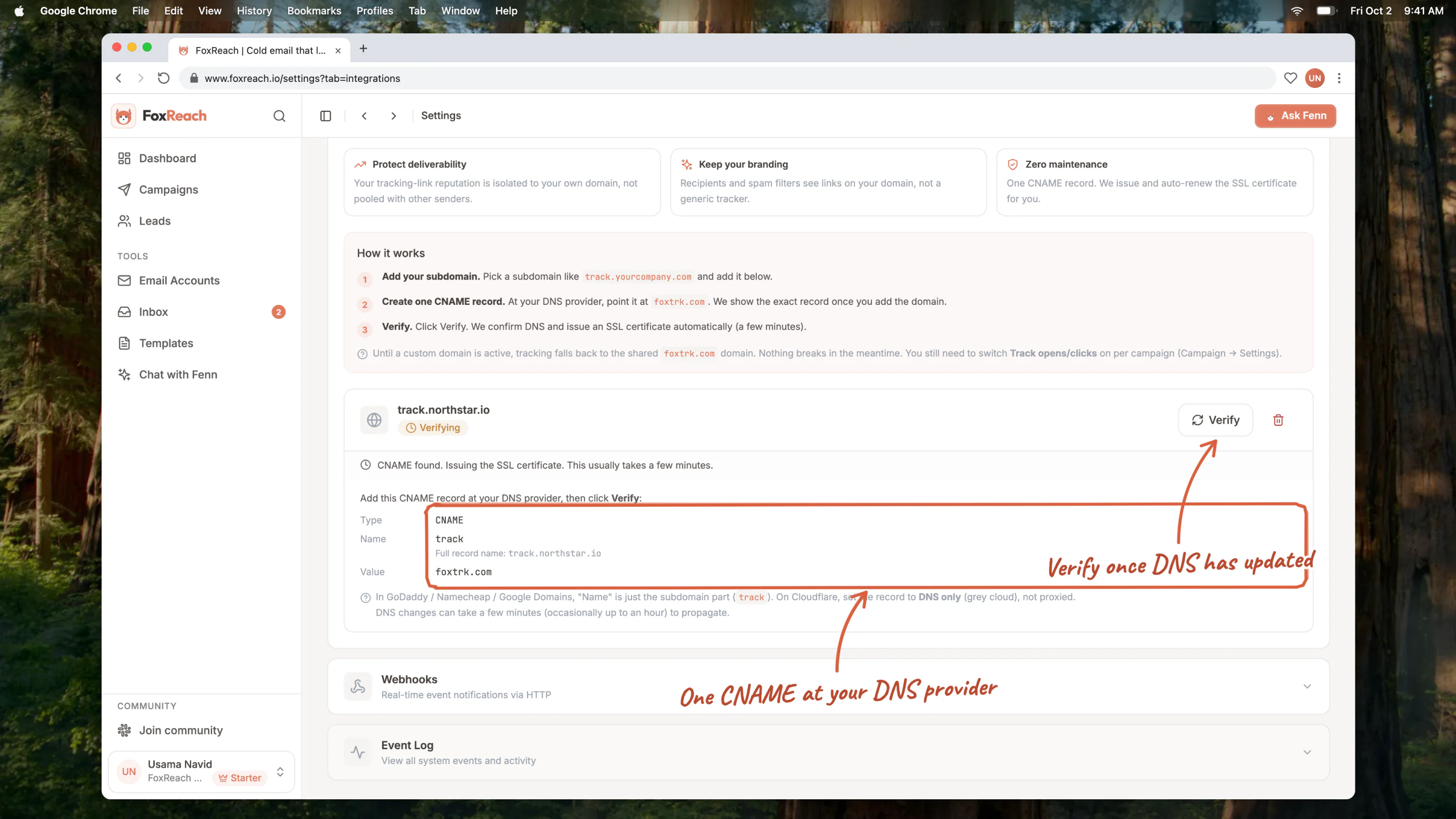 The domain card after adding track.northstar.io: status Verifying, the CNAME record to create, and the Verify button