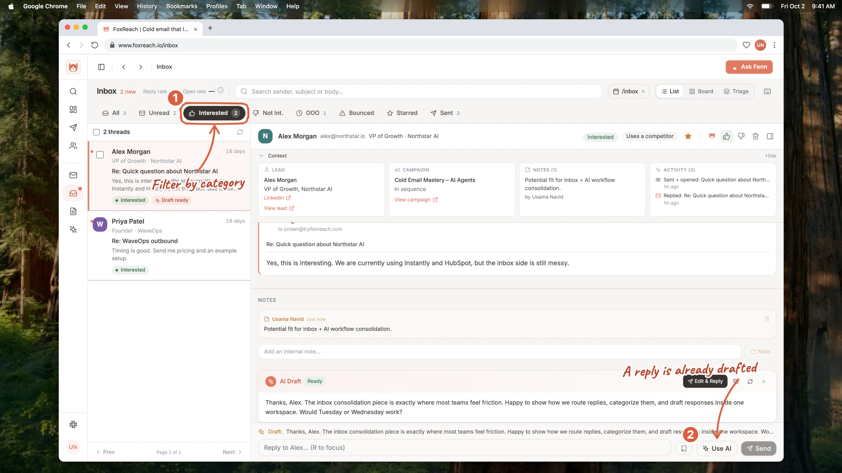 The unified inbox filtered to Interested, with a thread open and a reply drafted