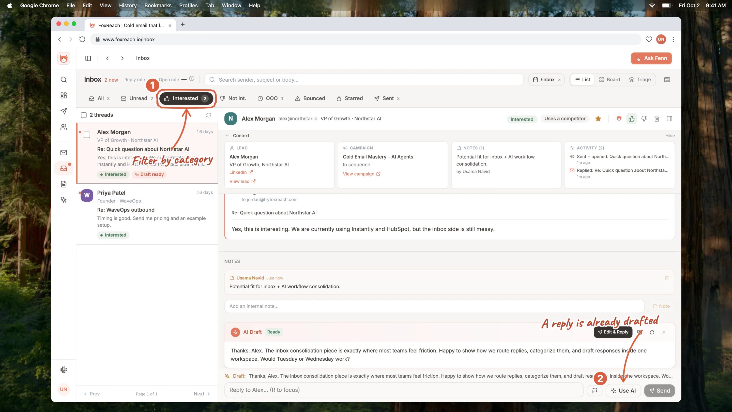 The unified inbox filtered to Interested, with a thread open and a reply drafted