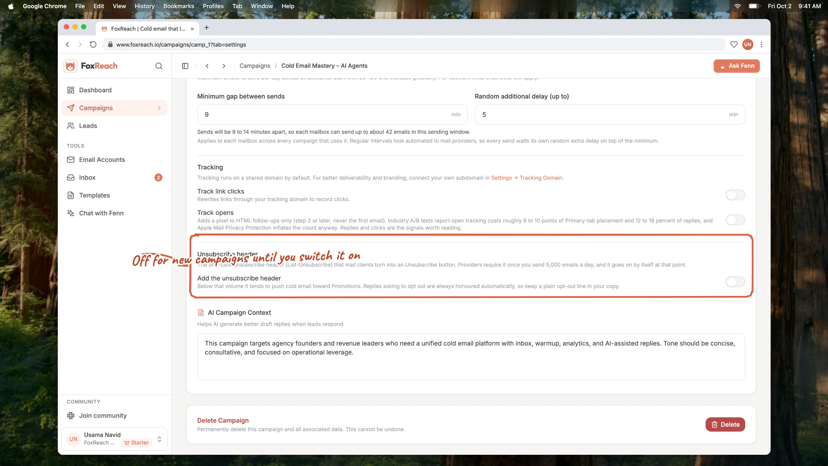 A paused campaign's Settings tab in edit mode with the Add the unsubscribe header switch