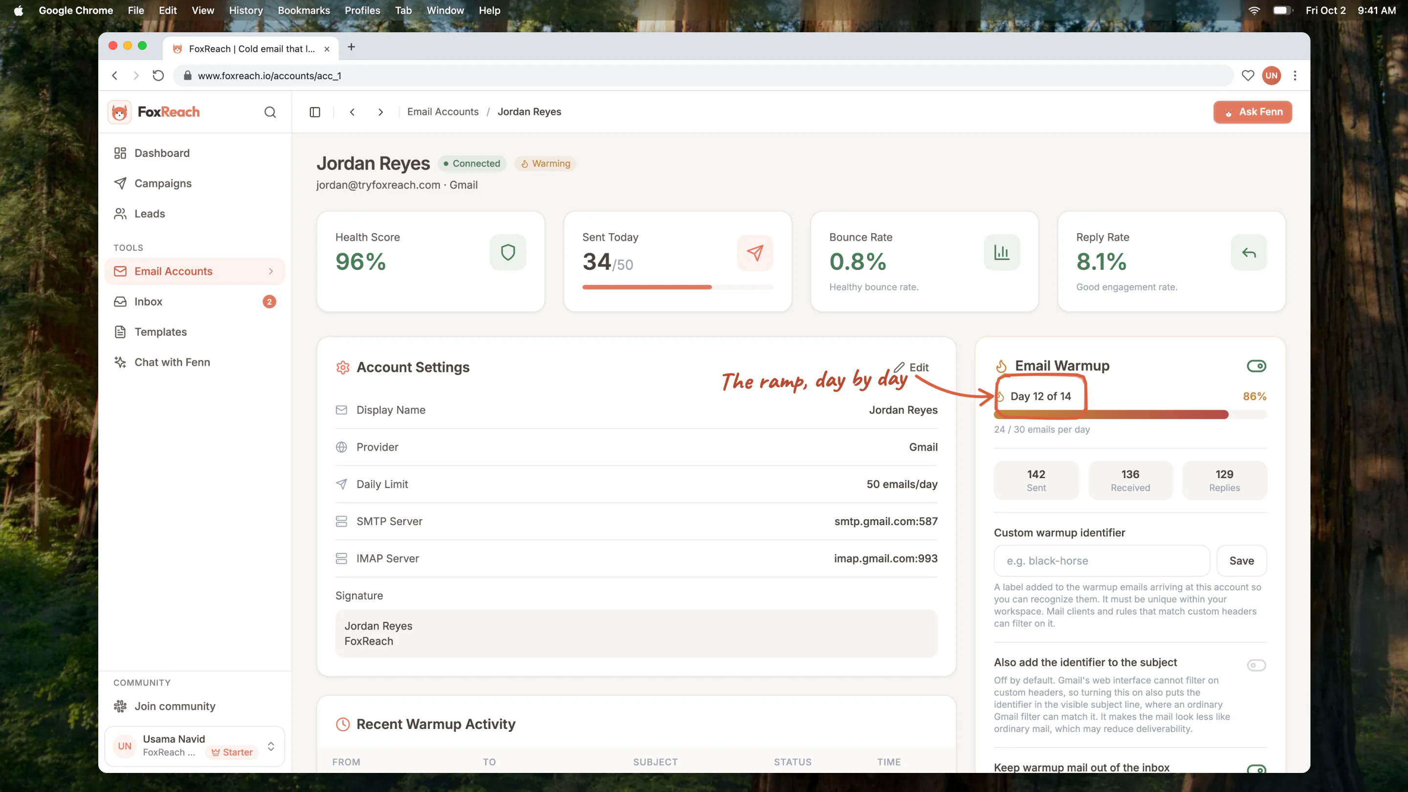 An account page mid-warmup, Day 12 of 14