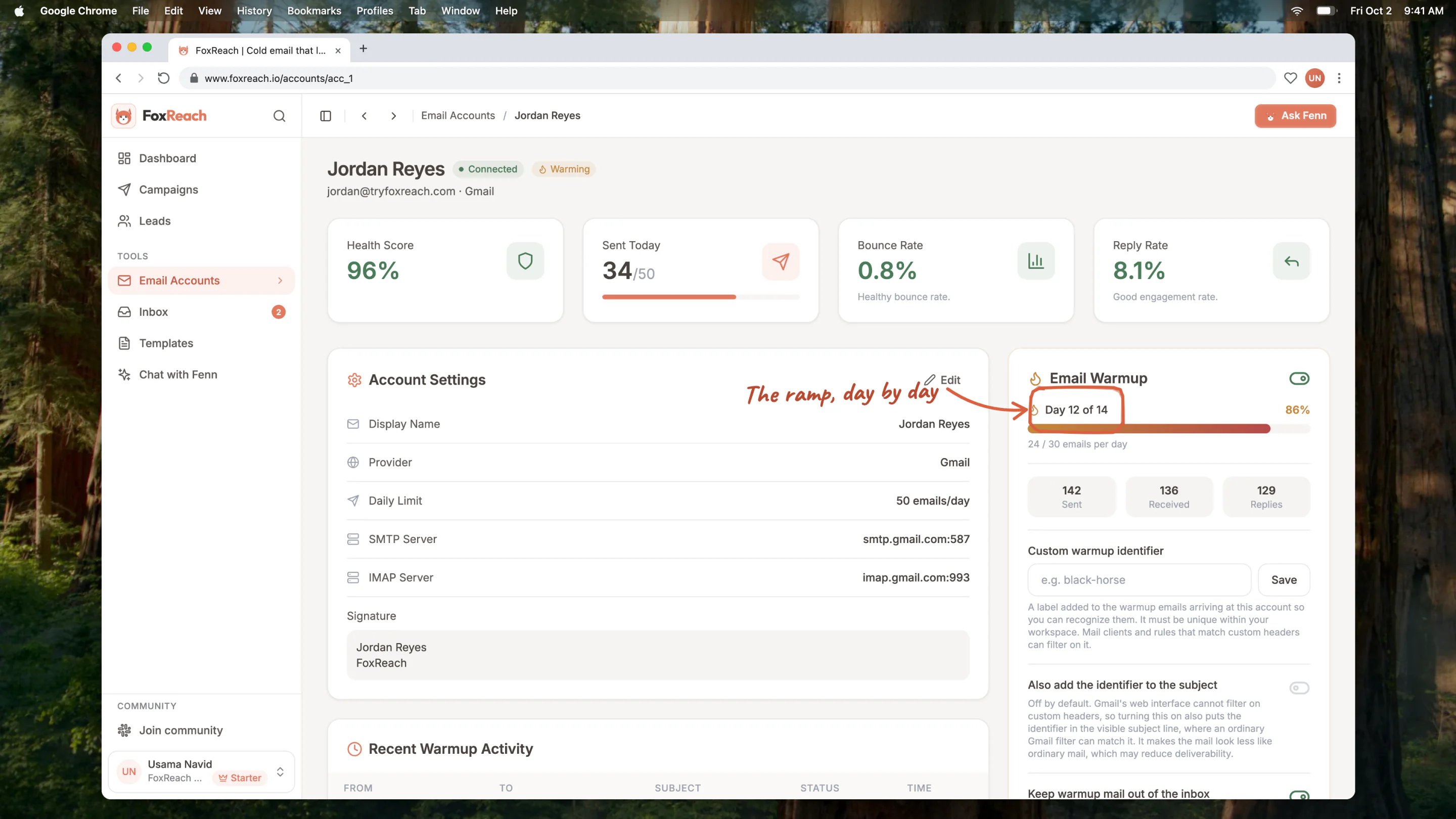 An account page mid-warmup, Day 12 of 14