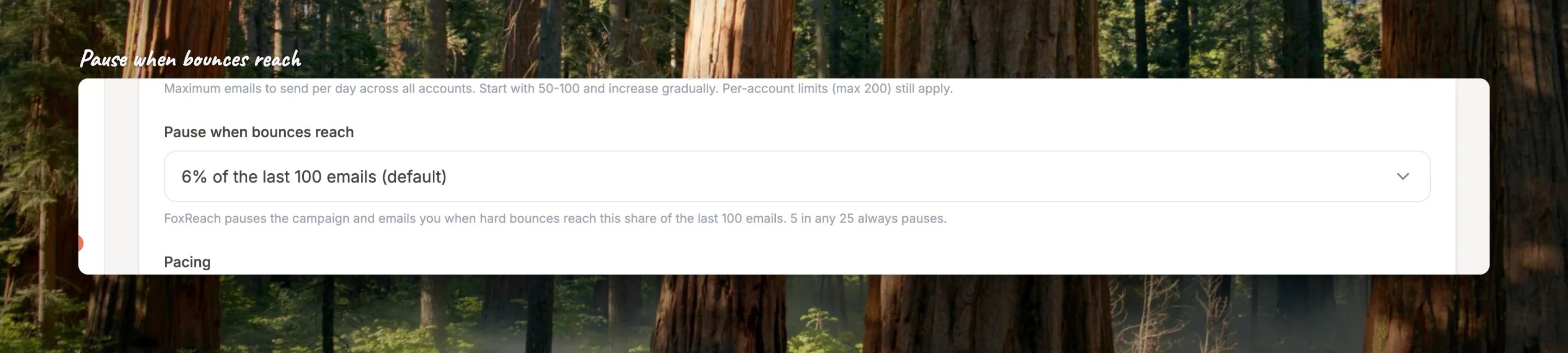 Close-up of Pause when bounces reach: pick a share of the last 100 emails, keep the default, or turn it off
