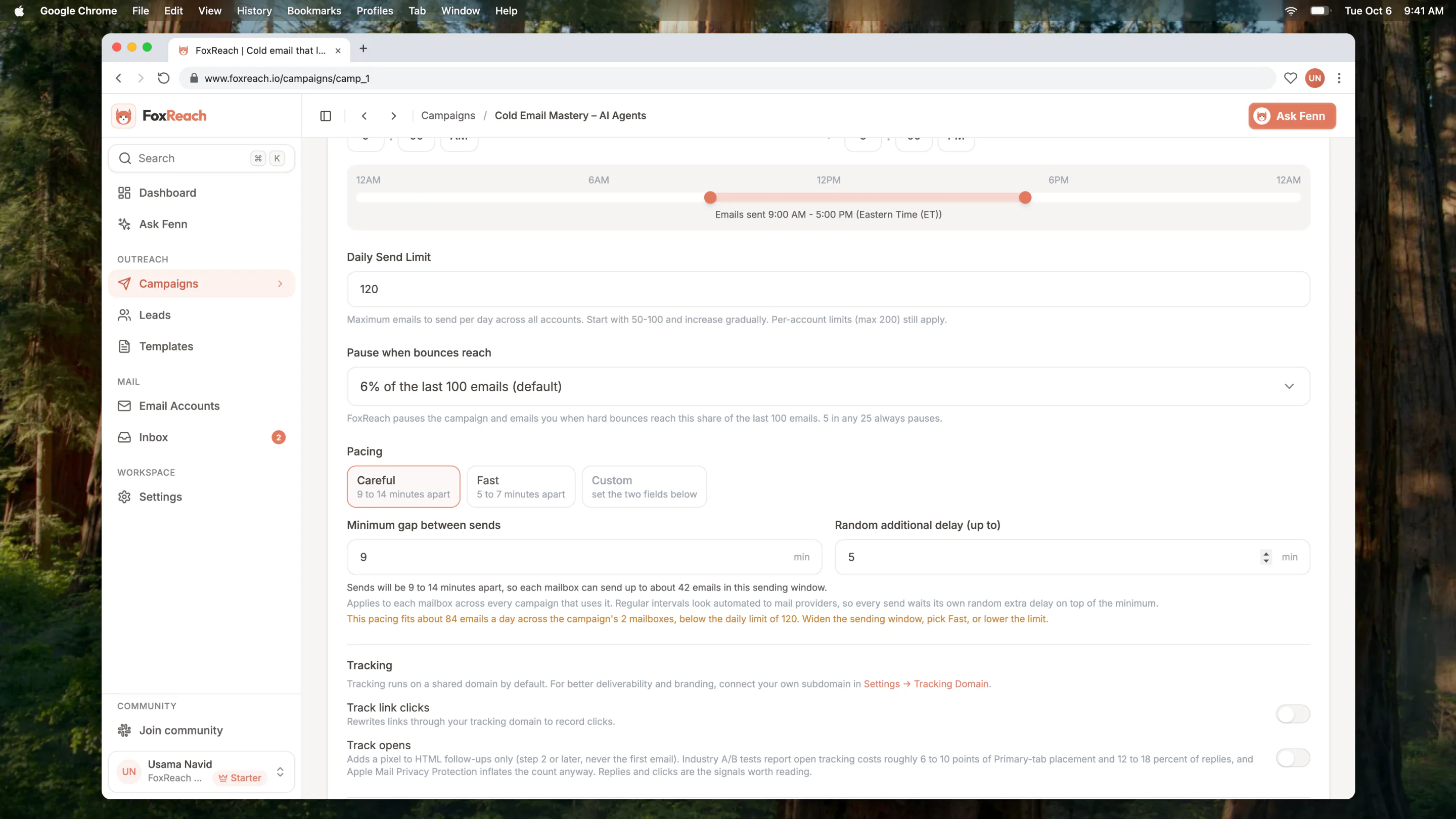 Campaign settings in FoxReach with Pause when bounces reach set to the default share of the last 100 emails
