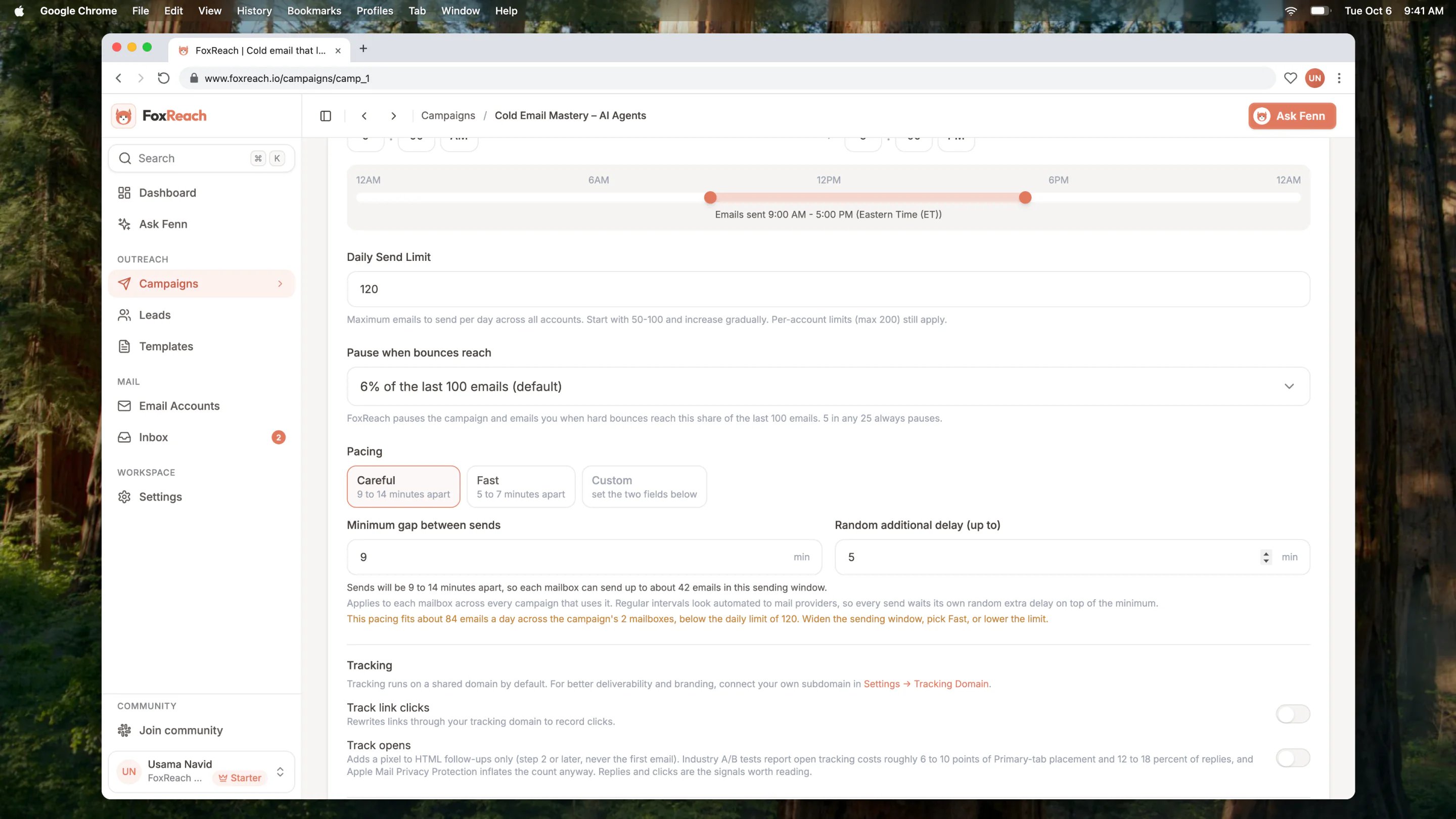 Campaign settings in FoxReach with Pause when bounces reach set to the default share of the last 100 emails