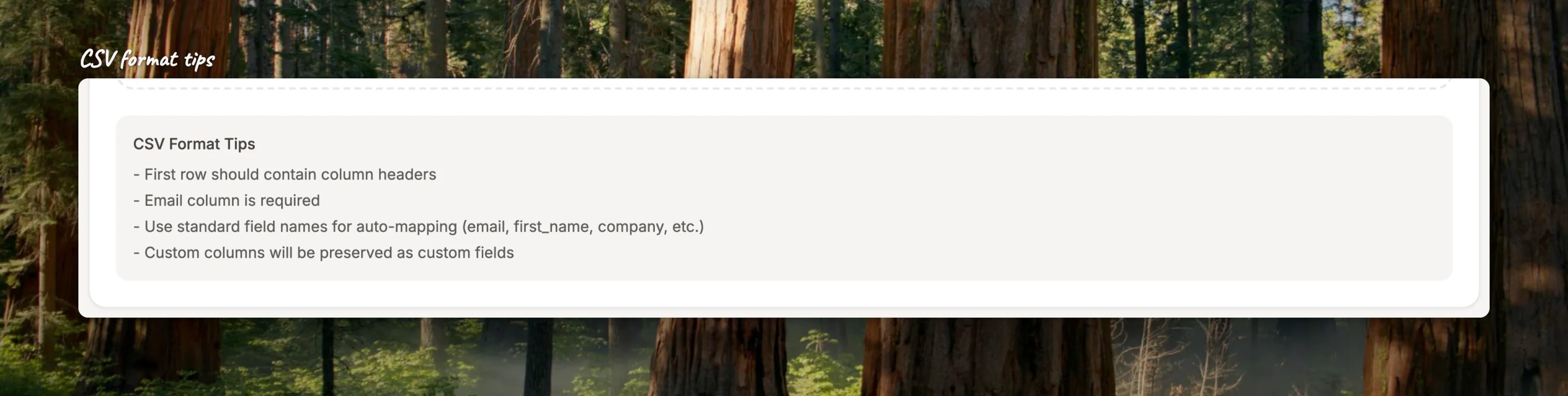 Close-up of the CSV format tips card on the upload step