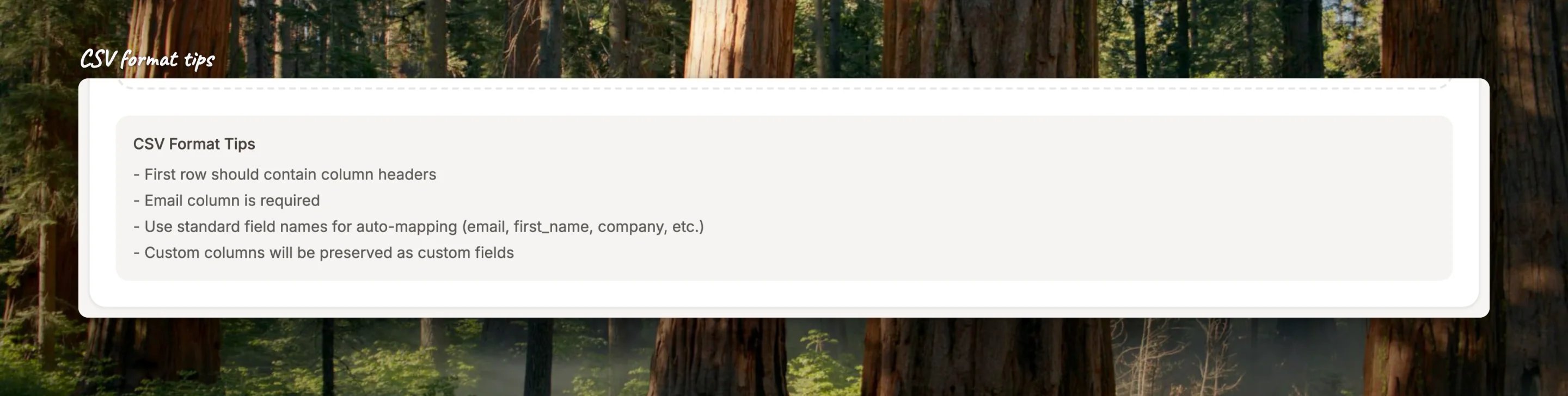 Close-up of the CSV format tips card on the upload step