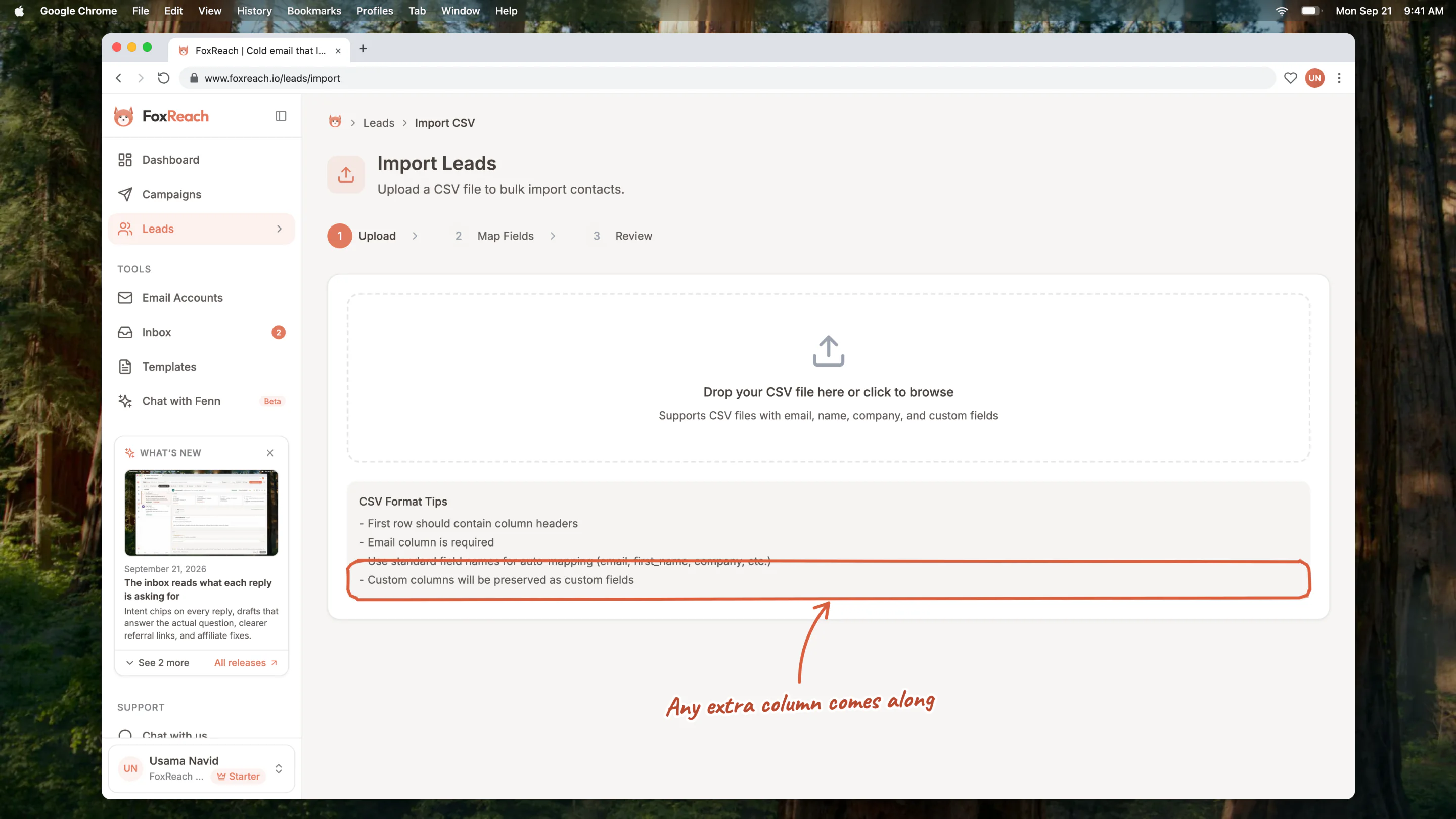 The upload step of Import Leads, with the CSV format tips: the last one says custom columns are preserved as custom fields
