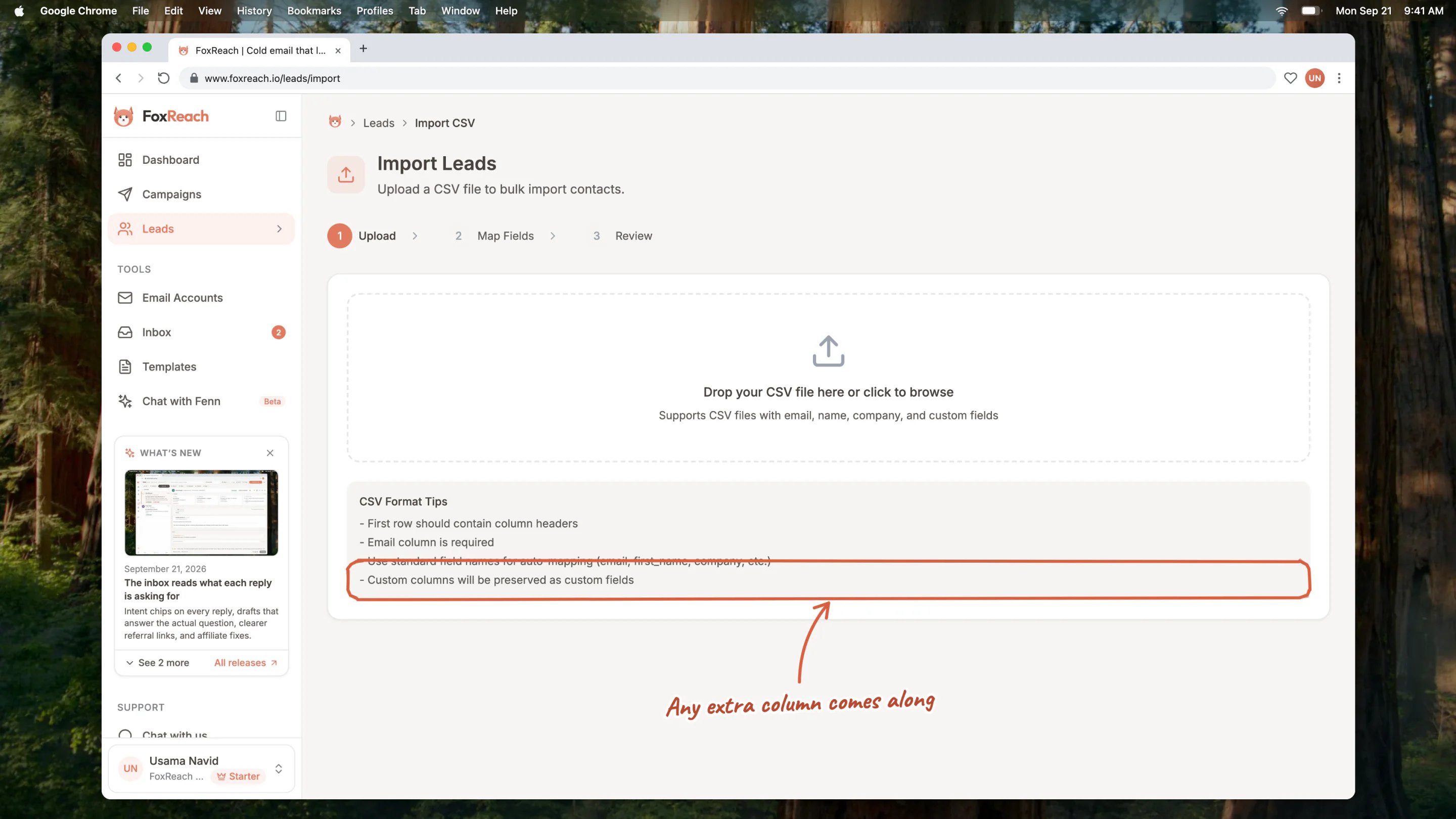 The upload step of Import Leads, with the CSV format tips: the last one says custom columns are preserved as custom fields