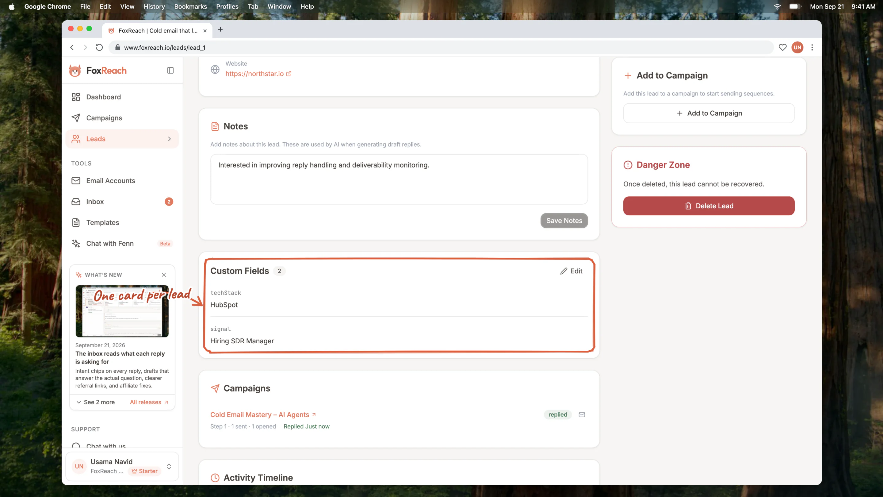 A lead page with the Custom Fields card showing two fields, techStack and signal, that arrived with the import