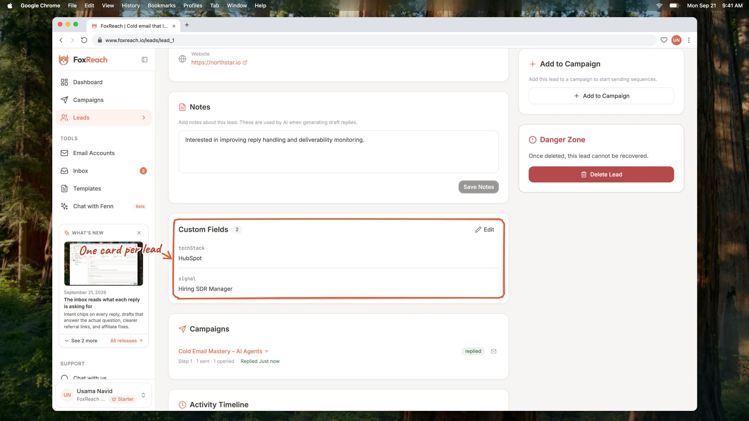 A lead page with the Custom Fields card showing two fields, techStack and signal, that arrived with the import