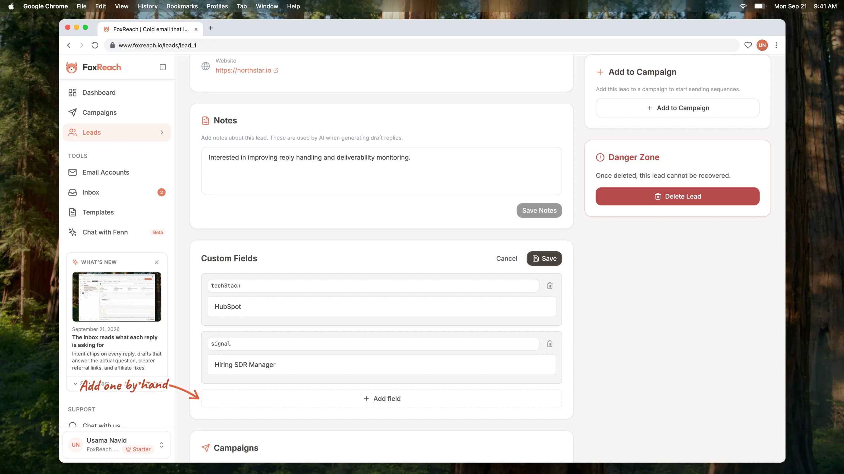 The Custom Fields card in edit mode, with the existing fields editable and the Add field button below them