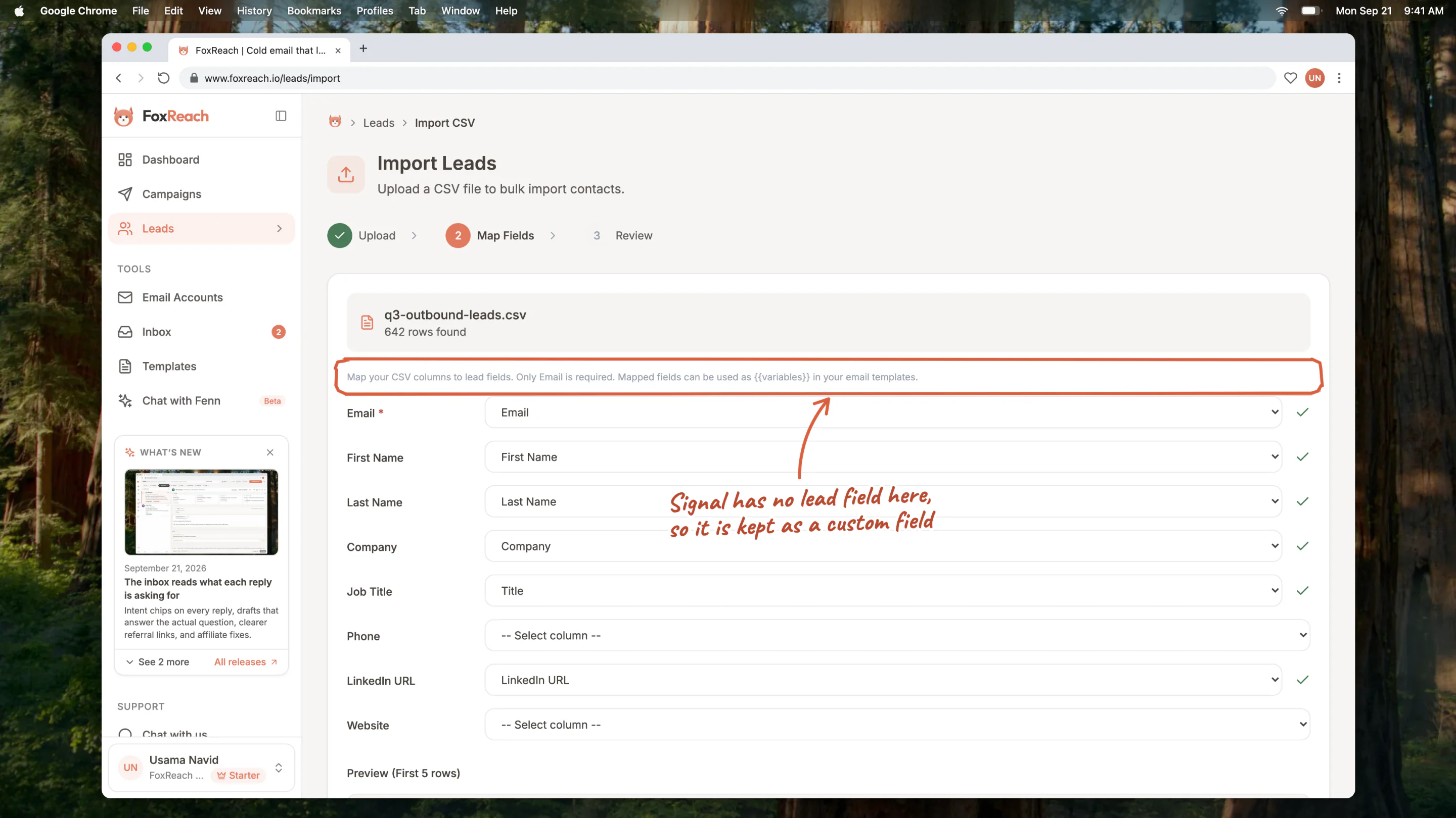 The Map Fields step after uploading a CSV with a Signal column: the standard lead fields each get a column, and Signal, which matches none of them, is kept as a custom field