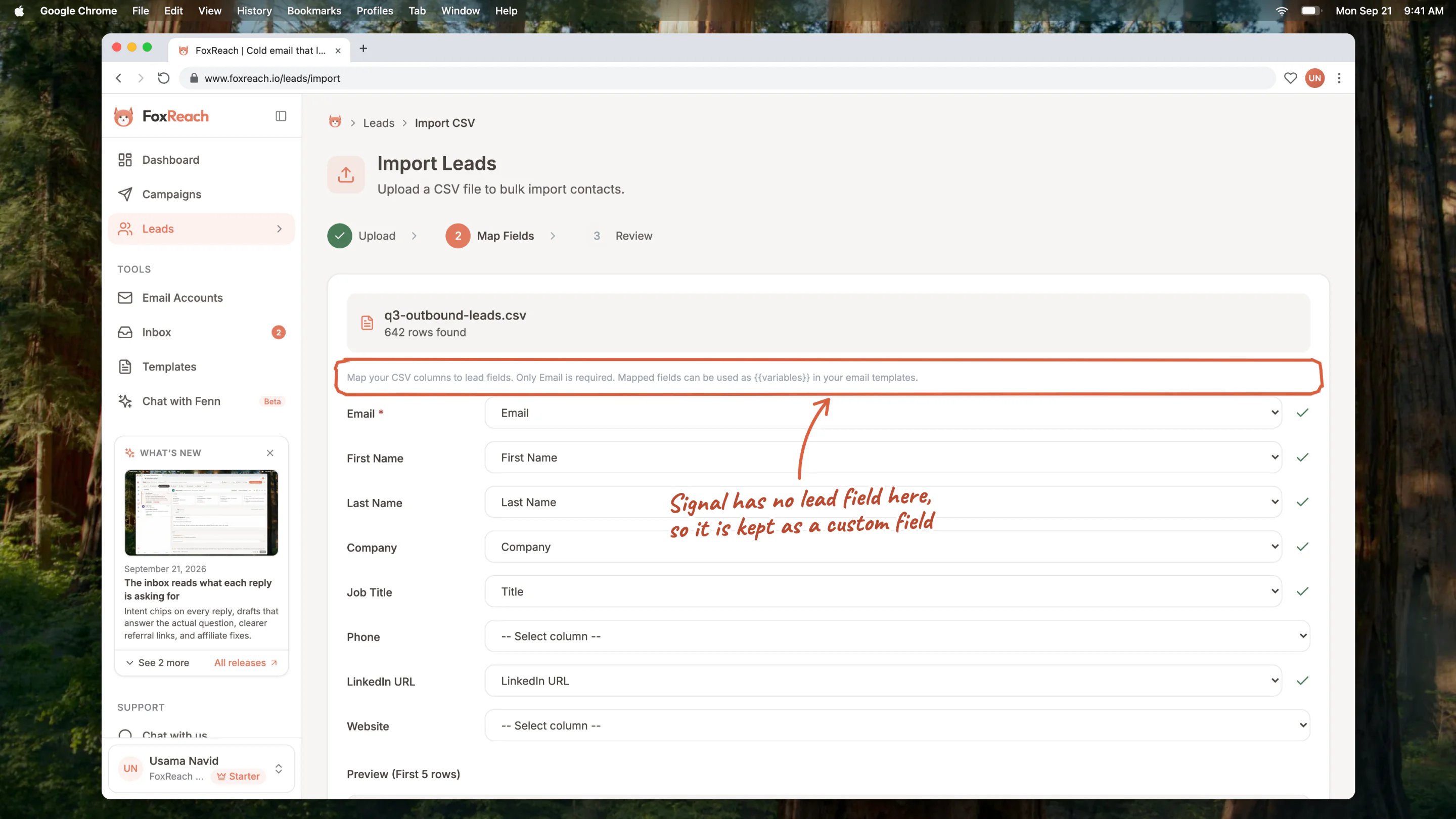 The Map Fields step after uploading a CSV with a Signal column: the standard lead fields each get a column, and Signal, which matches none of them, is kept as a custom field