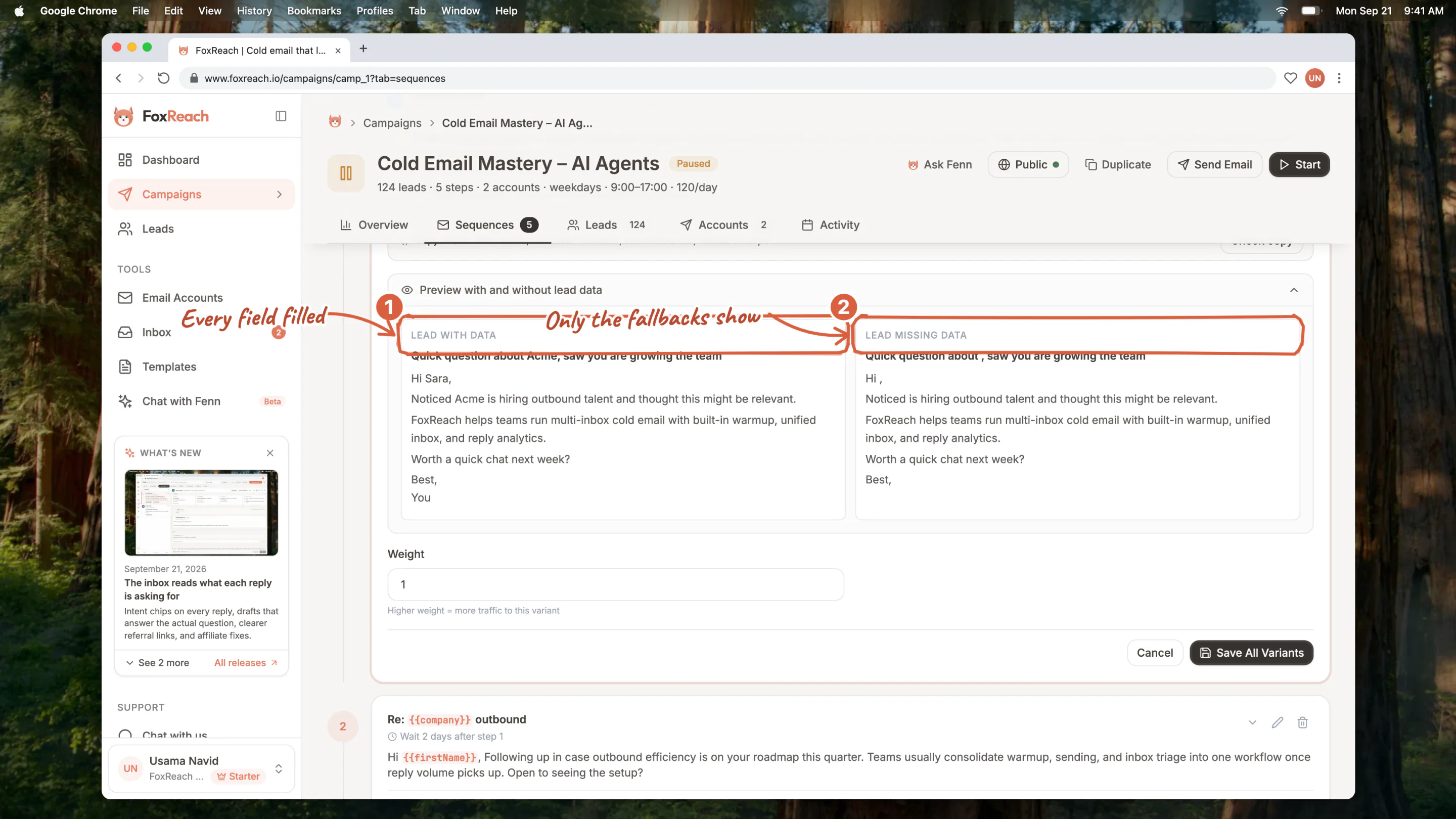 The preview under a step editor open to both versions: Lead with data on the left and Lead missing data on the right, where the company variable without a fallback leaves a gap