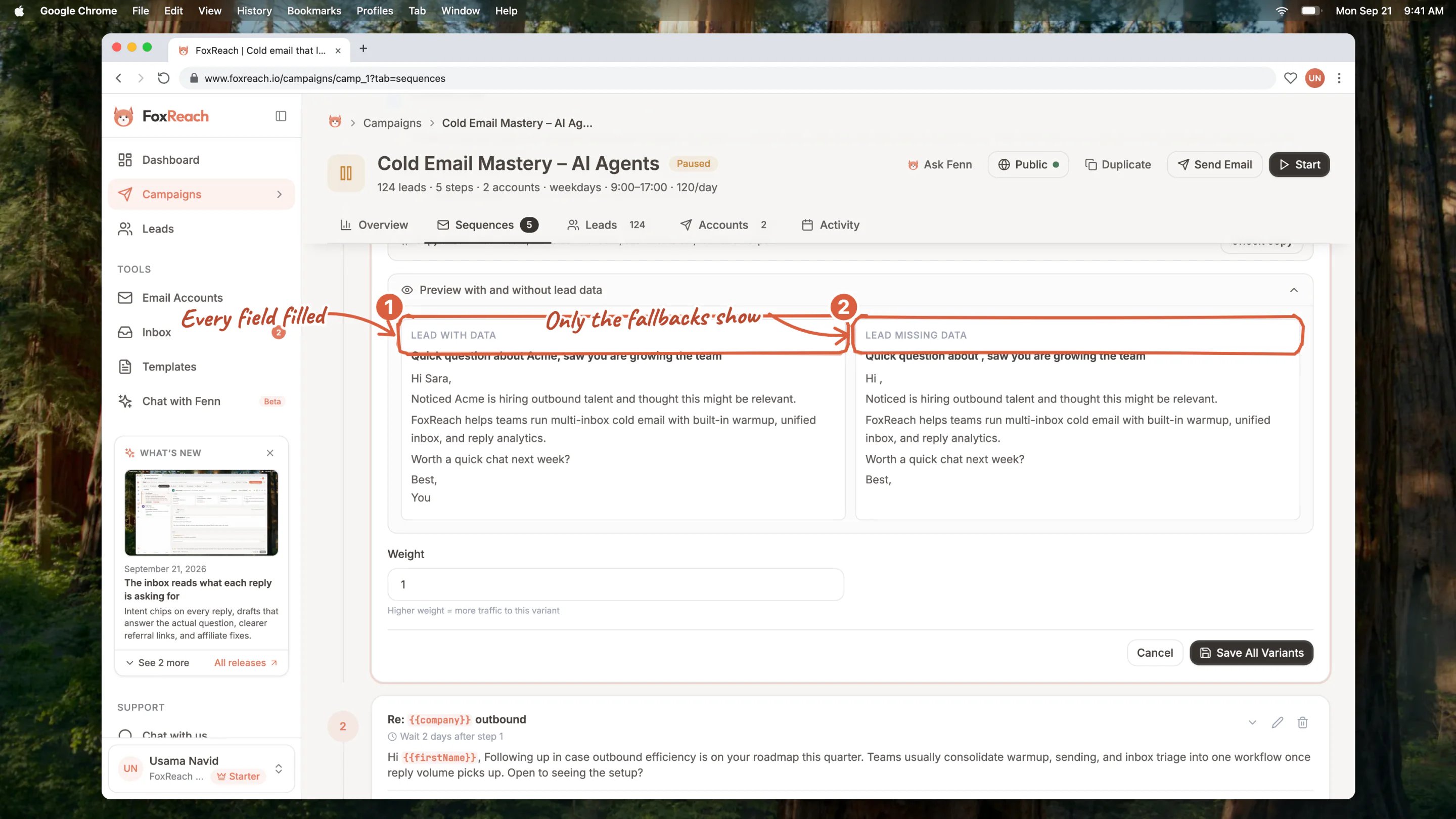 The preview under a step editor open to both versions: Lead with data on the left and Lead missing data on the right, where the company variable without a fallback leaves a gap