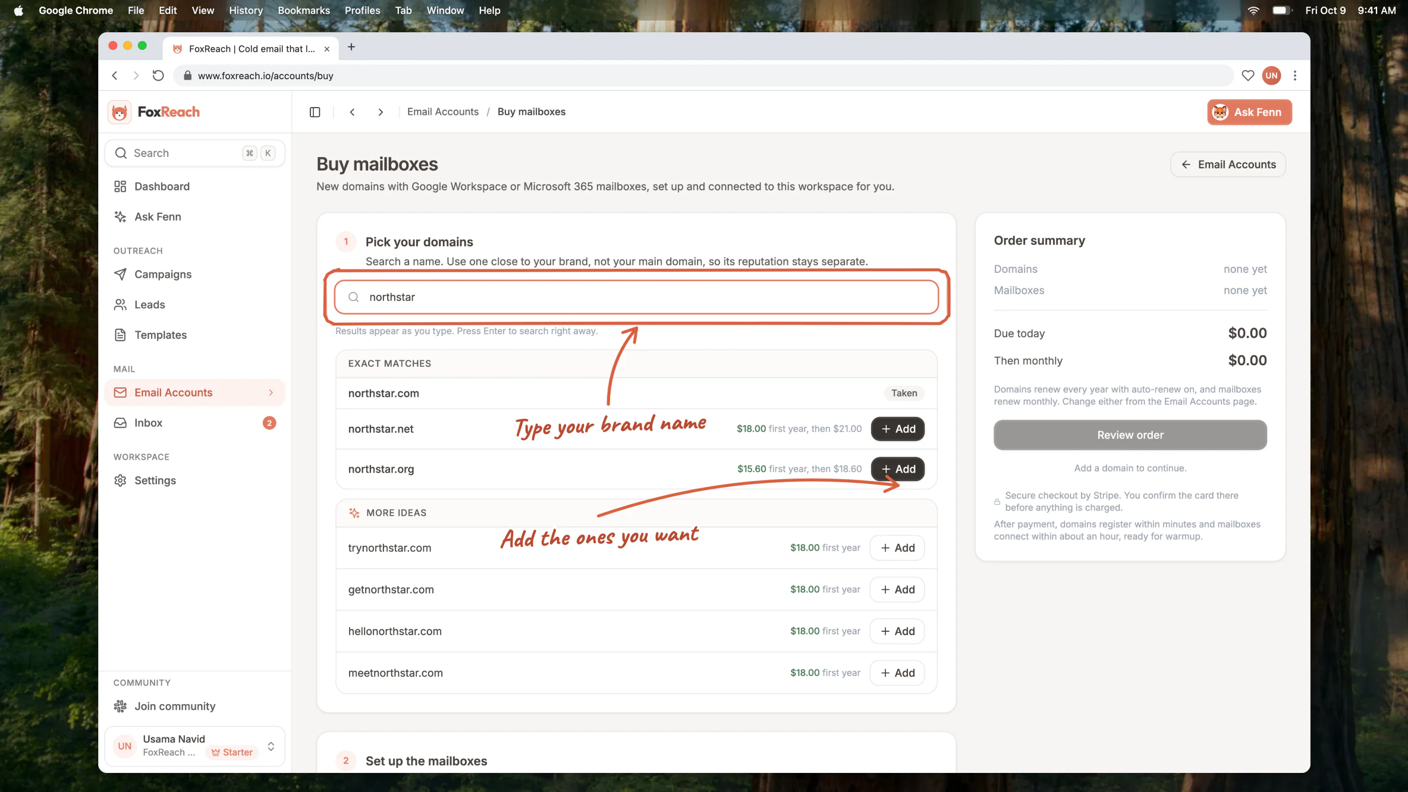 Searching for domains on the Buy mailboxes page, with exact matches and more ideas, each with a first-year and renewal price