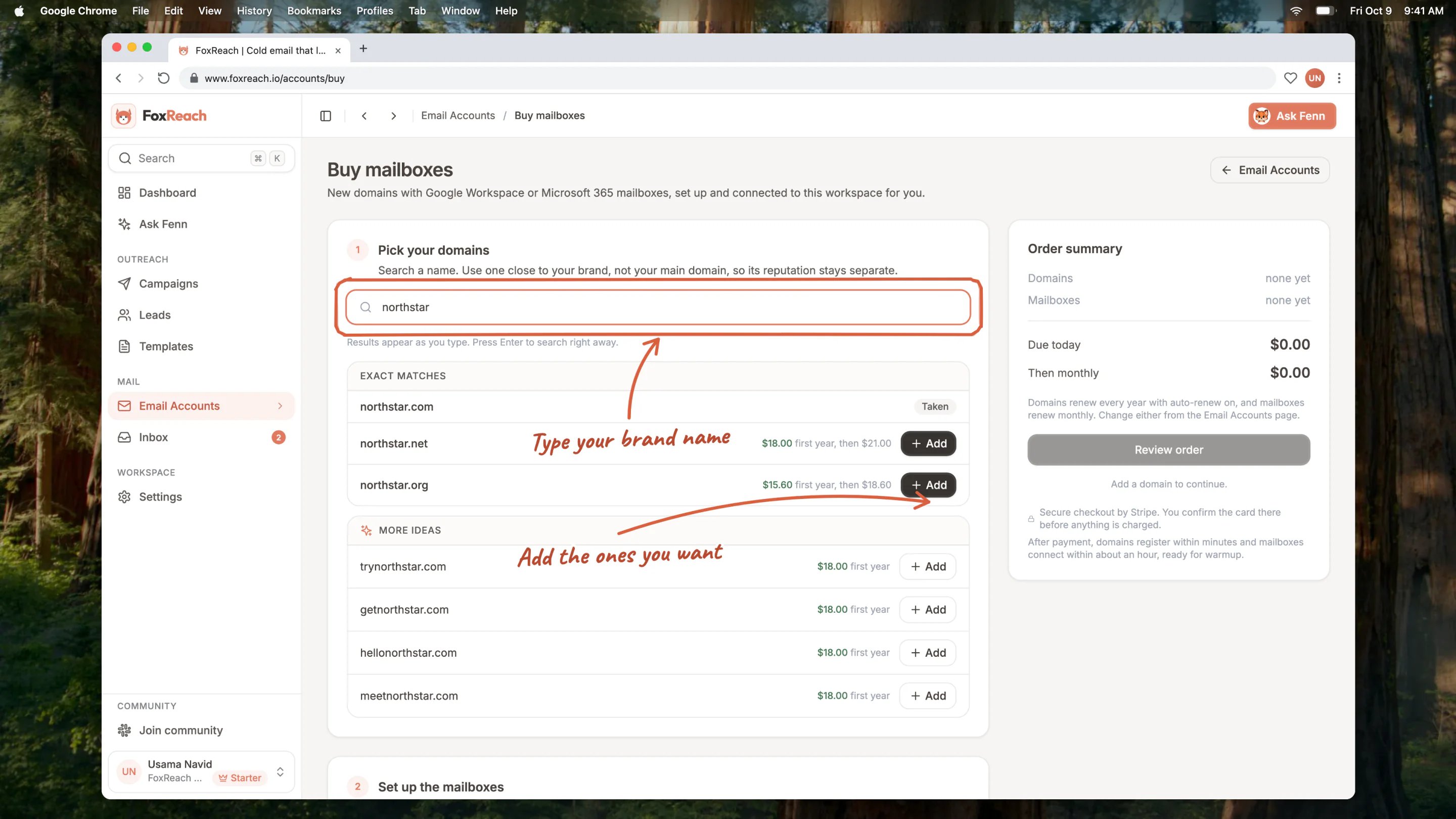 Searching for domains on the Buy mailboxes page, with exact matches and more ideas, each with a first-year and renewal price