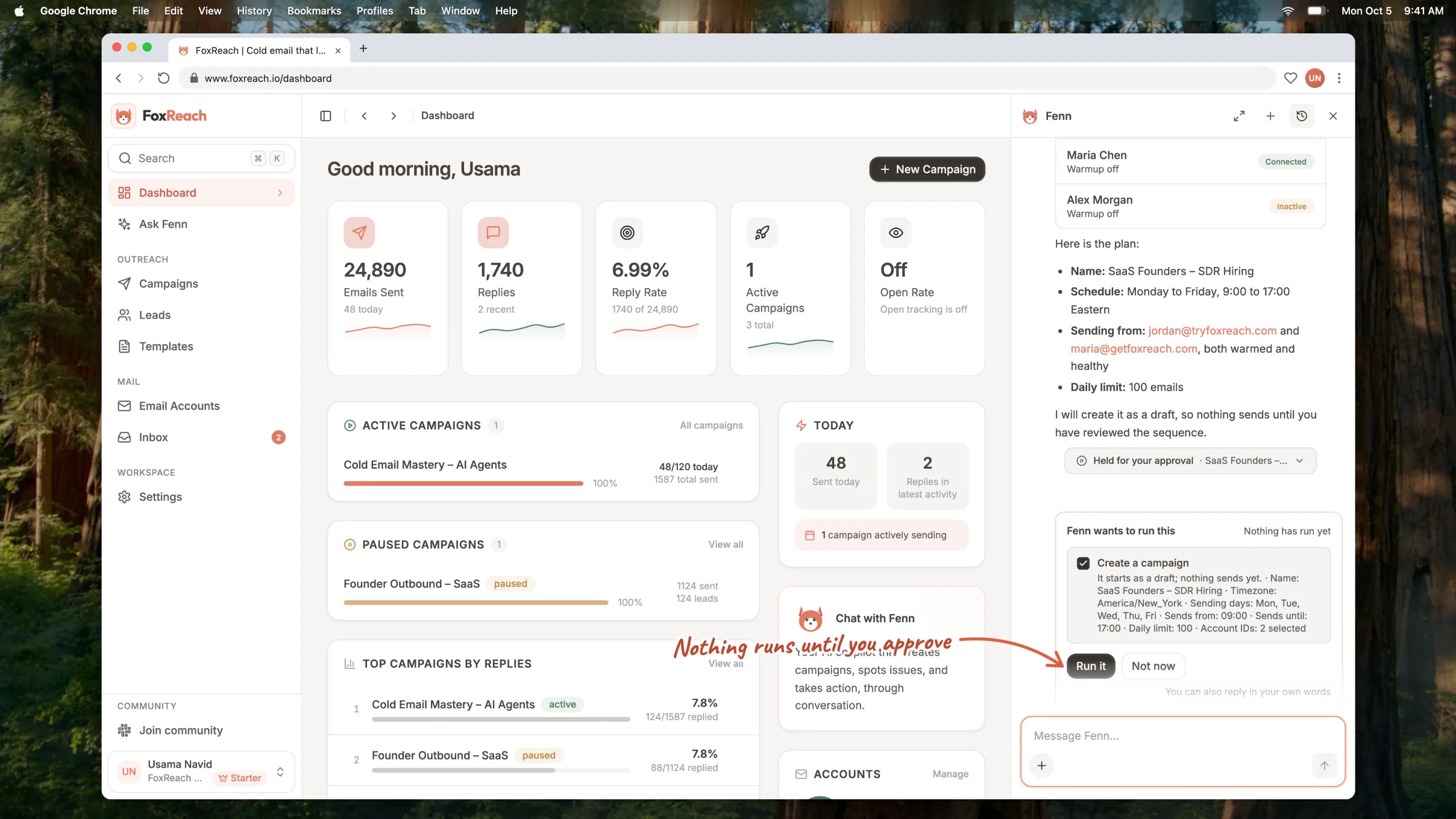 Fenn waiting for approval below the campaign plan, with the Run it button